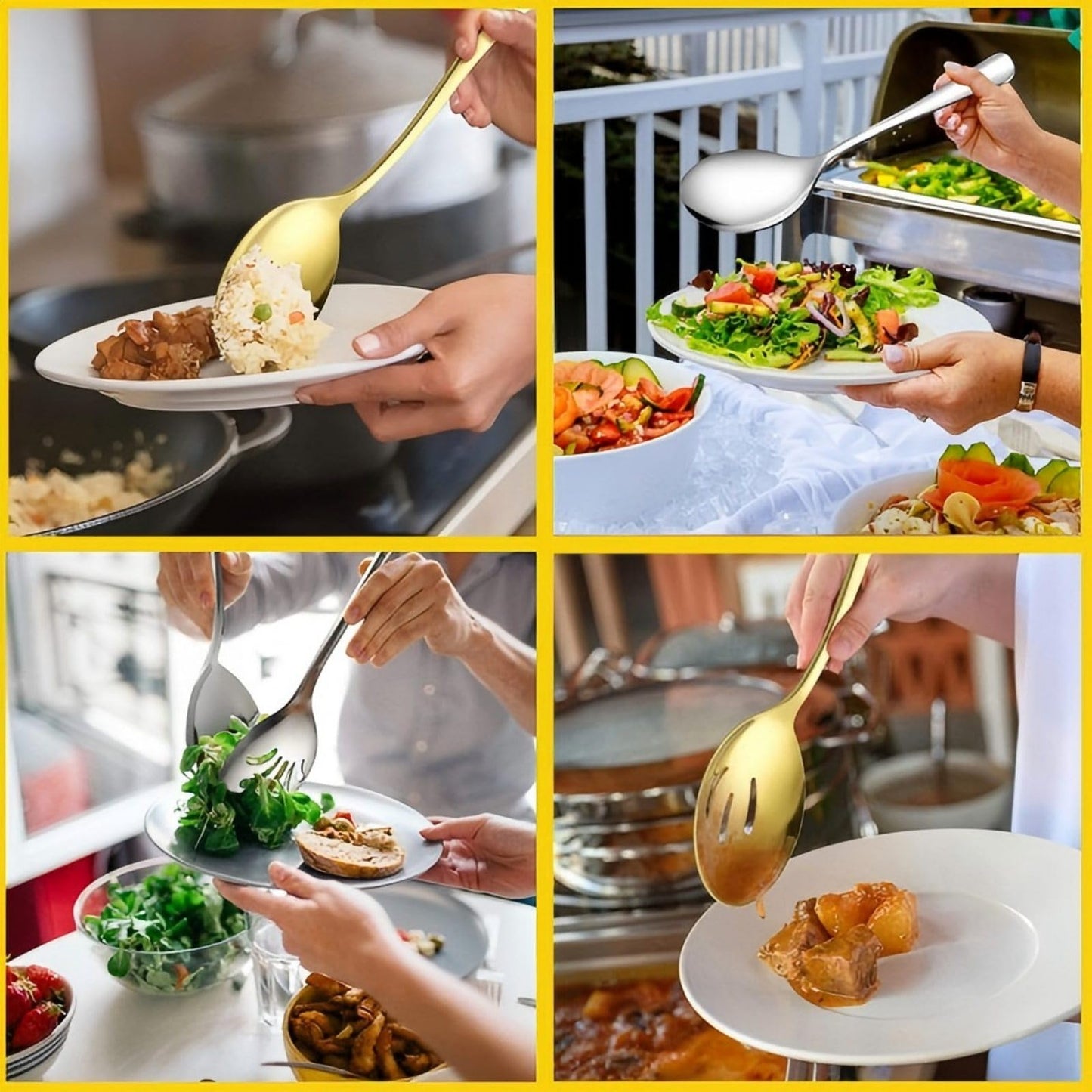 Extra Large Serving Spoons Set, 9.9 Inch Serving Spoon and Slotted Spoon, Stainless Steel Large Serving Utensils for Buffet, Parties, Catering & Kitchen (Golden)