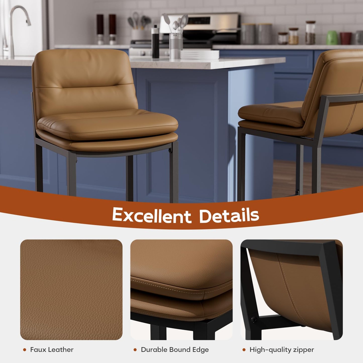 Sucrever Brown Bar Stools Set of 4, 24 inch Leather Counter Stools with Backs and Metal Frame, Counter Height Bar Stools for Kitchen Island