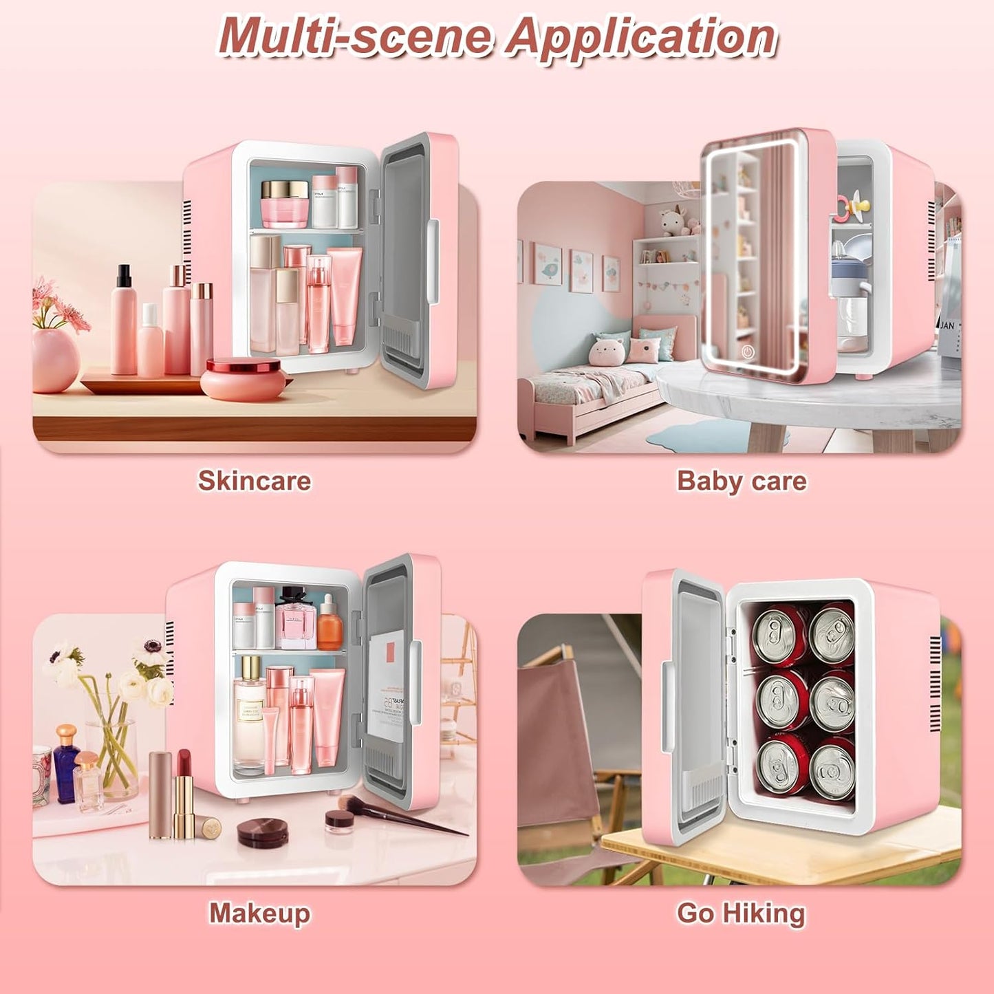Mini Fridge for Bedroom, Skincare Fridge with Dimmable LED Light Mirror, 4L Makeup Mini Fridge, Pink
