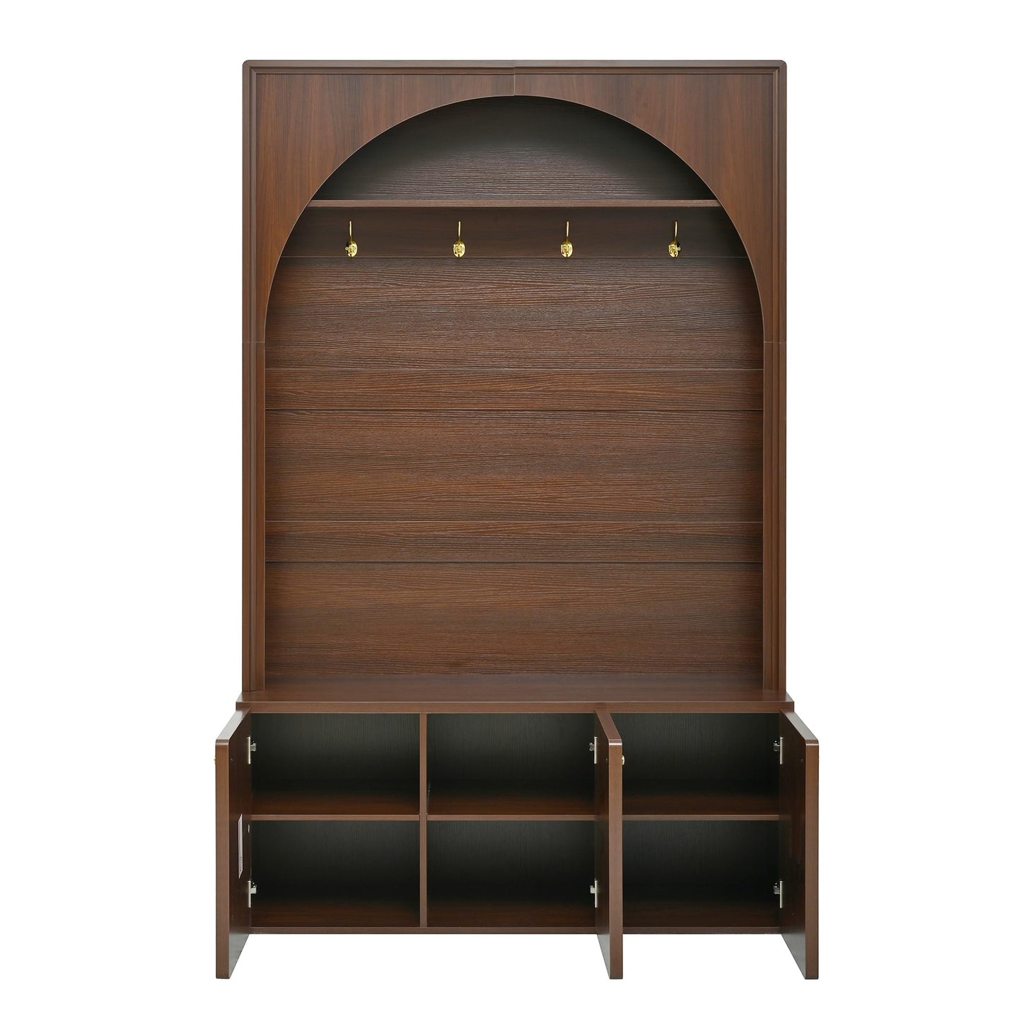 Merax Farmhouse Hall Tree with Bench and 3 Cabinets, 4-in-1 Entryway Coat Rack with 4 Golden Hooks and Top Compartments, 77.5" Retro Arched Entryway Hall Tree for Hallway, Mudroom, Entrance, Walnut