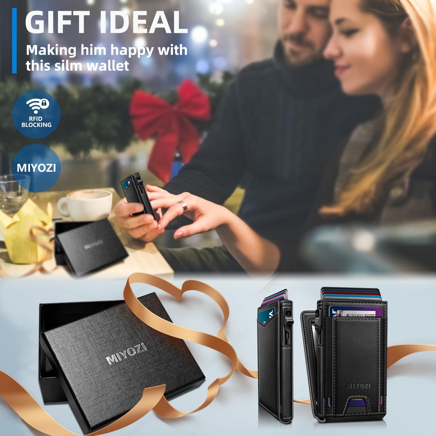miyozi Wallet for Men, Slim Pop Up Card Holder - RFID Blocking Minimalist Bifold Wallet with ID Window, Holds 9-11 Cards & Stretchable Strap, Metal Flip Case with Magnetic Closure, Gift Box