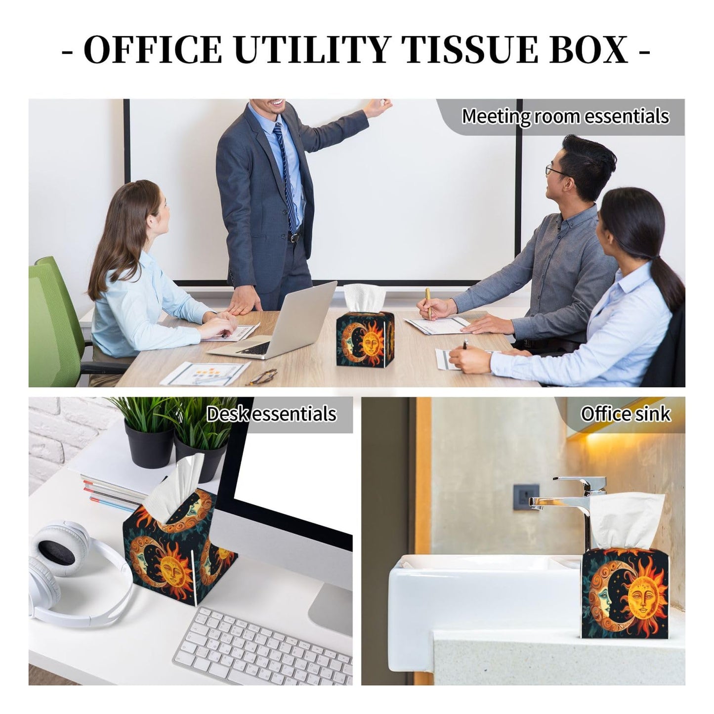Square Tissue Boxes 5.2"x5.2"x5.2", Sun Moon Stars Tissue Holder Decor for Home/Car/Office