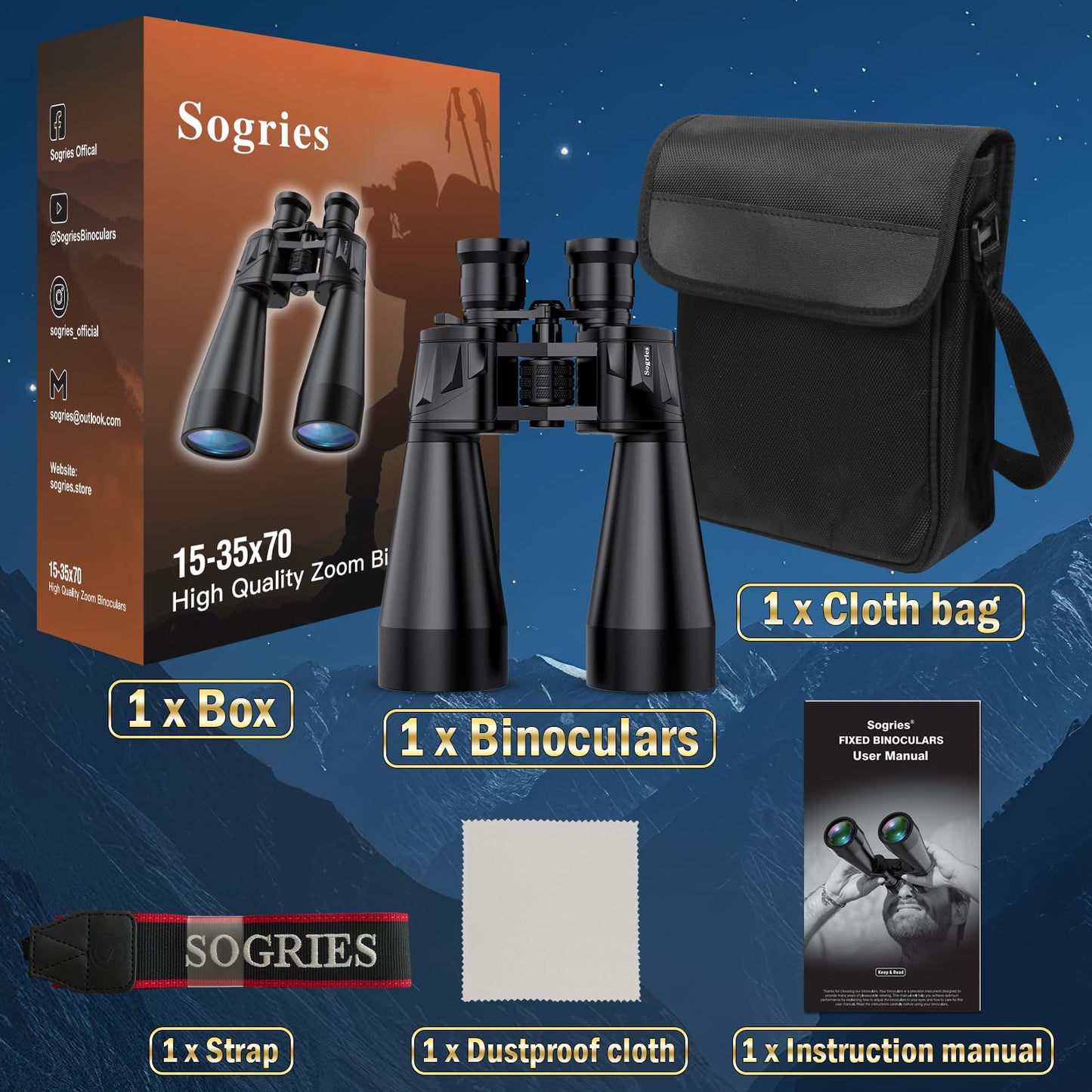 Sogries15-35x70 Professional Zoom Binoculars, Large Aperture Astronomy & Long-Range Observation, Ultra-HD FMC Lens & BAK4 Porro Prism, Aircraft-Grade Aluminum Chassis, Tripod Adaptable for Stargazing