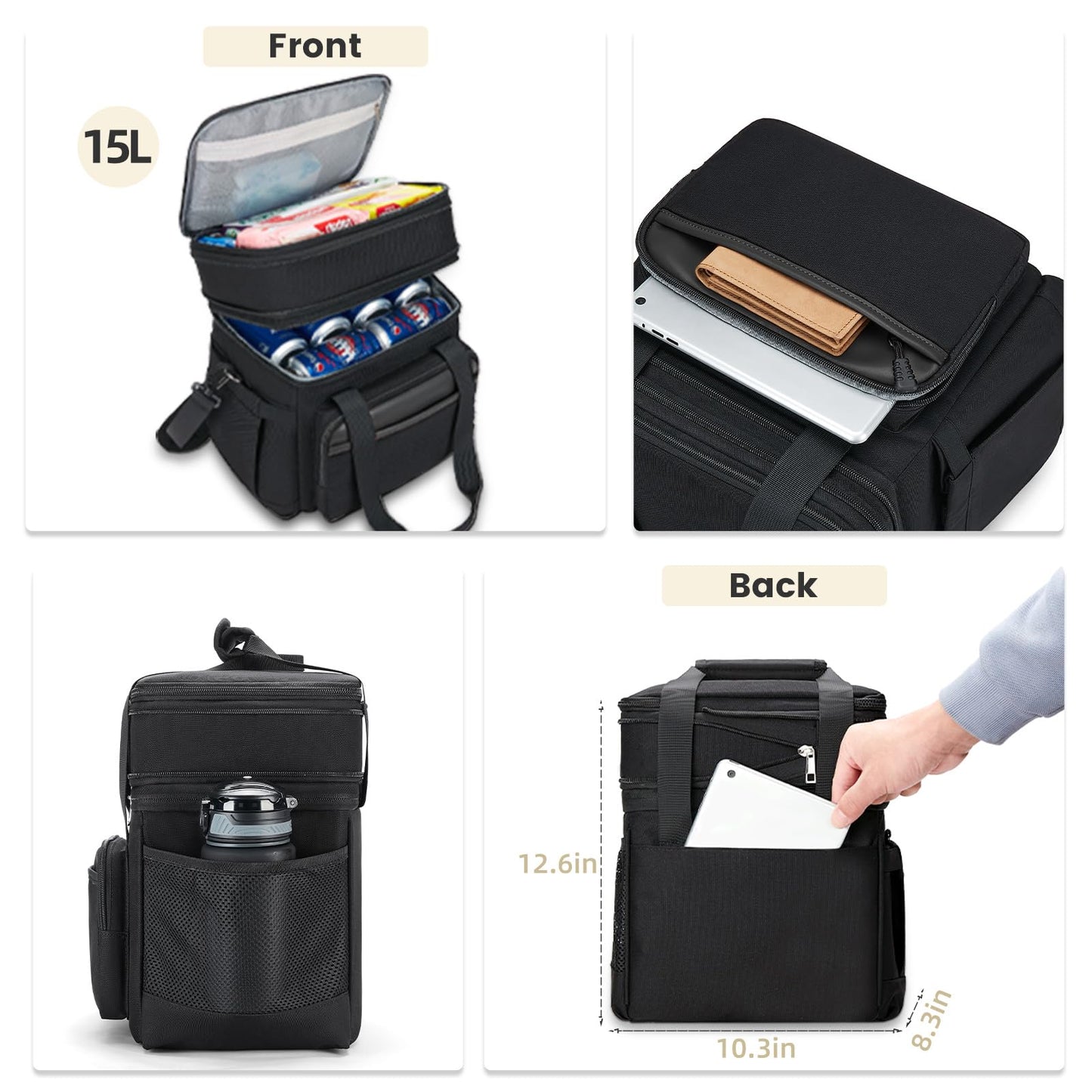holuxer Insulated Lunch Bag & Lunch Box for Men - Double Deck Reusable Lunch Bag for Women Tote Cooler Bag Leakproof Soft Expandable - Large Lunchbox for Work/Adult/Picnic/Outdoor (Black,15L)