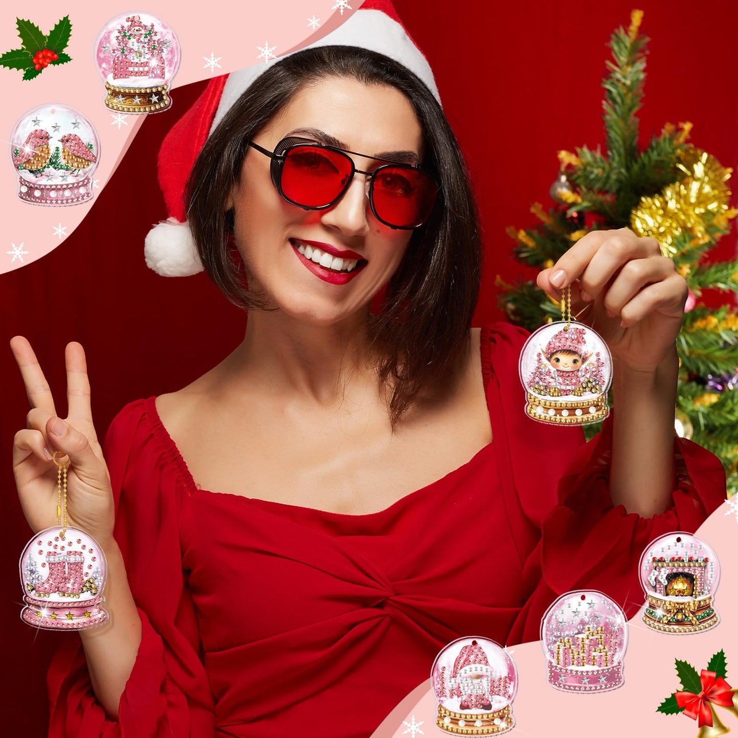WILLBOND 30 Pcs Pink Crystal Ball Diamond Art Kits for Adults Pink Snowflake Gnome Diamond Painting Ornaments DIY Double Sided Keychain Kits Christmas Winter Key Ring Art Pendant Xmas Tree Decor