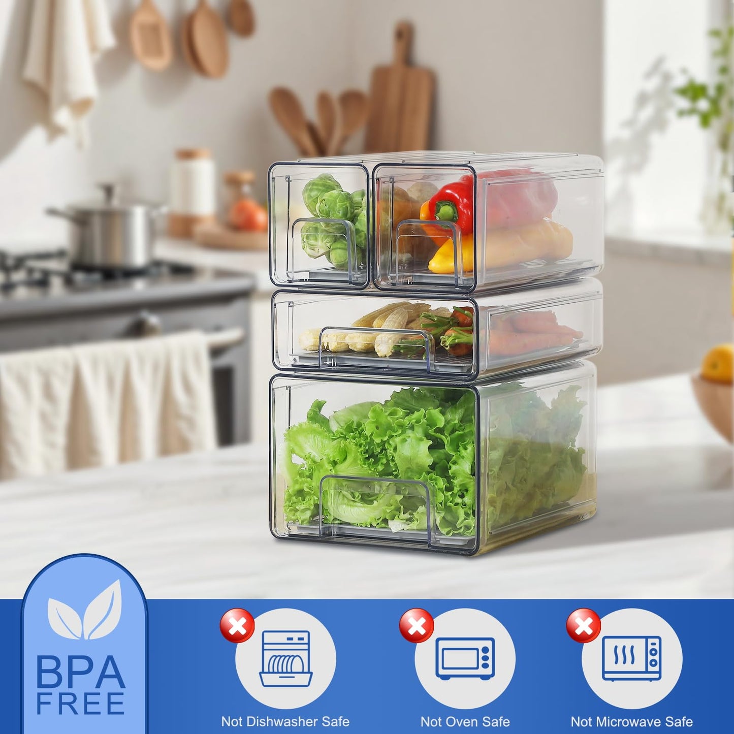 Bronkeeper Pull Out Clear Fridge Organizer Drawers with Drainer, Refrigerator Stackable Storage Bins for Kitchen Fruit & Veggie Organization (Complete Set)