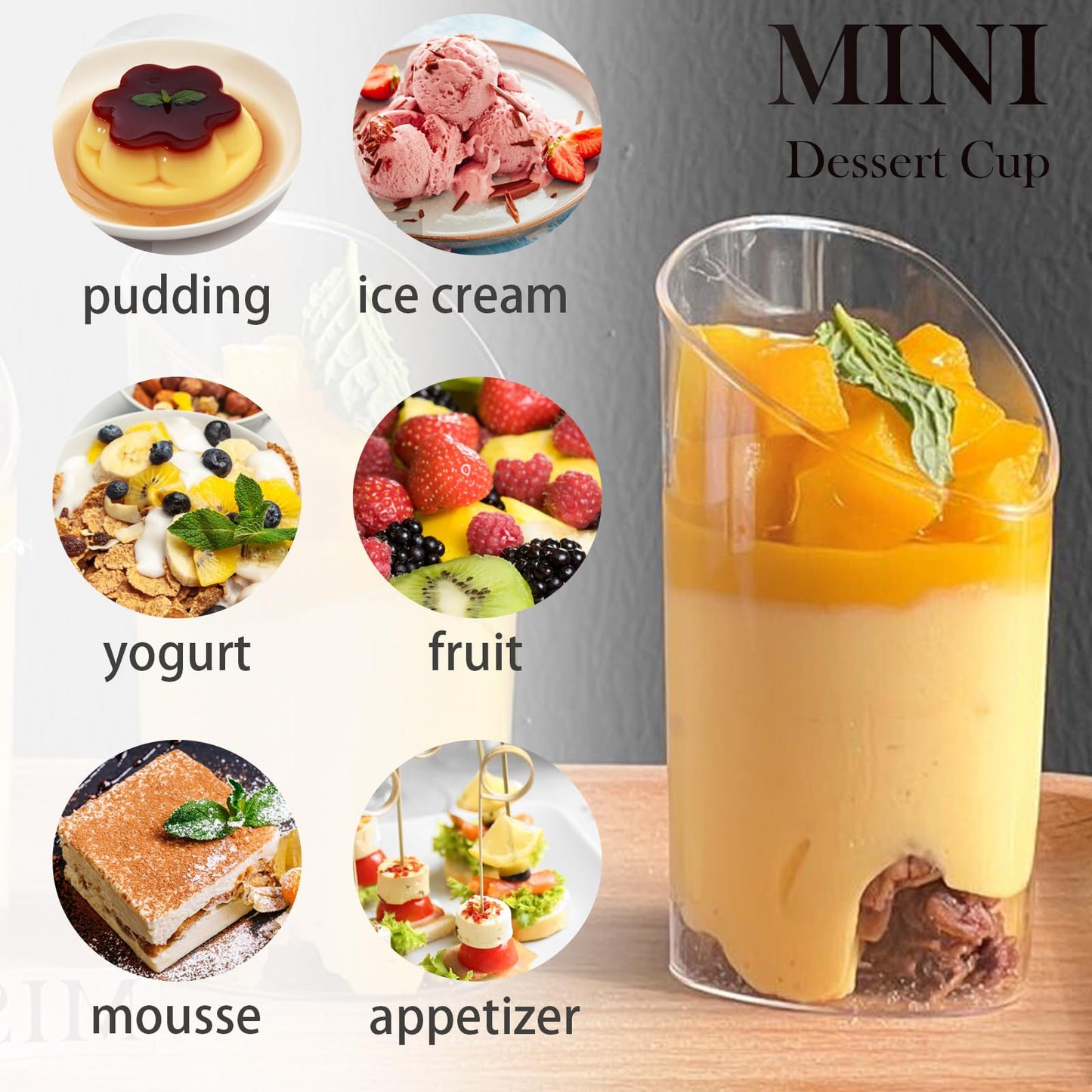 Hiasobre 50 Pack Plastic Dessert Cups with Spoons, 3 oz Clear Mini Parfait Appetizer Cups, Reusable Slanted Triangle Shooter Serving bowls for Tasting, Small Dessert Shot Glasses