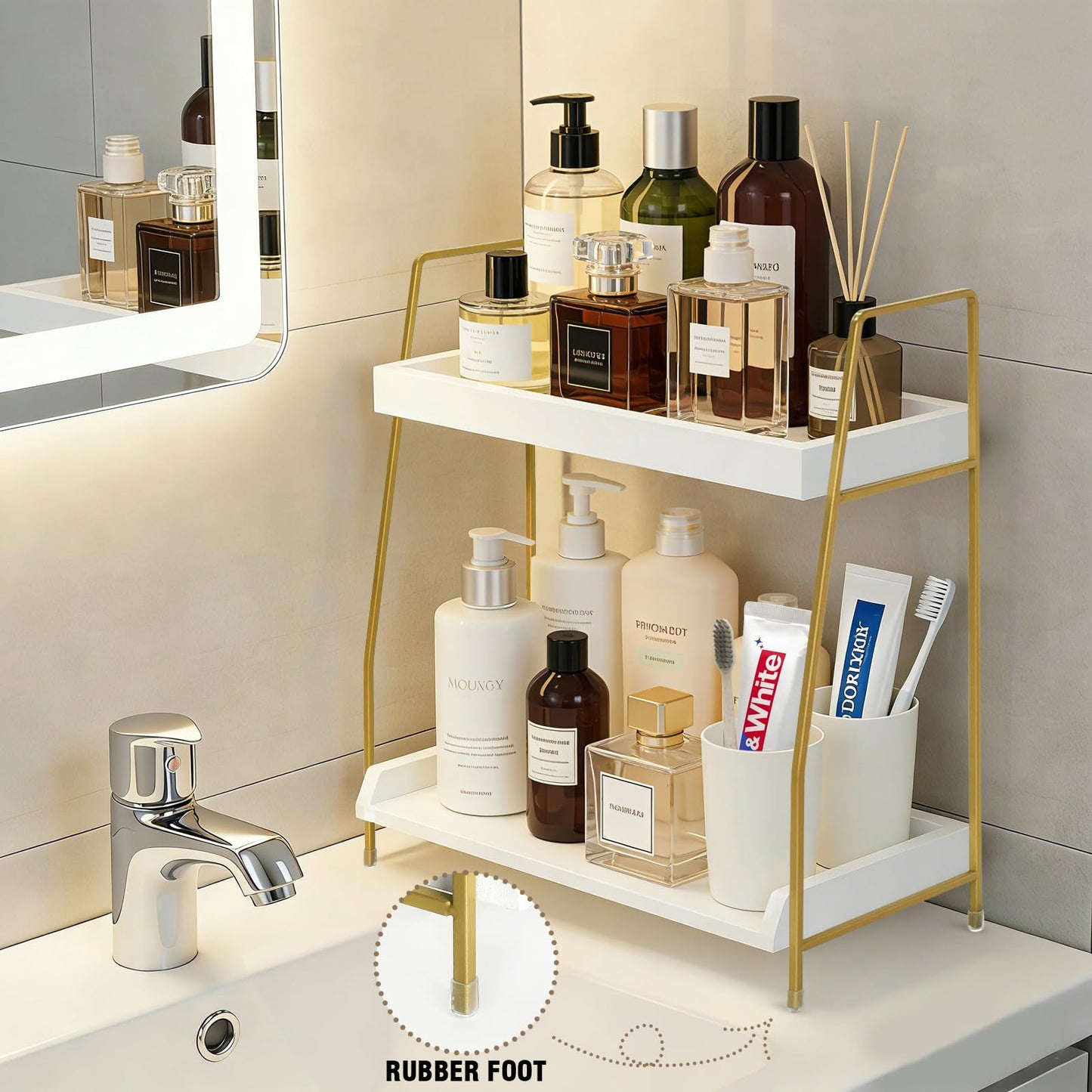 Bathroom Counter Organizer, 2-Tier Makeup Organizer, Wooden Bathroom Organizers and Storage for Skincare Perfume, Stylish Vanity Organizer with Gold Metal Frame for Bath Kitchen Bedroom (White&Gold)