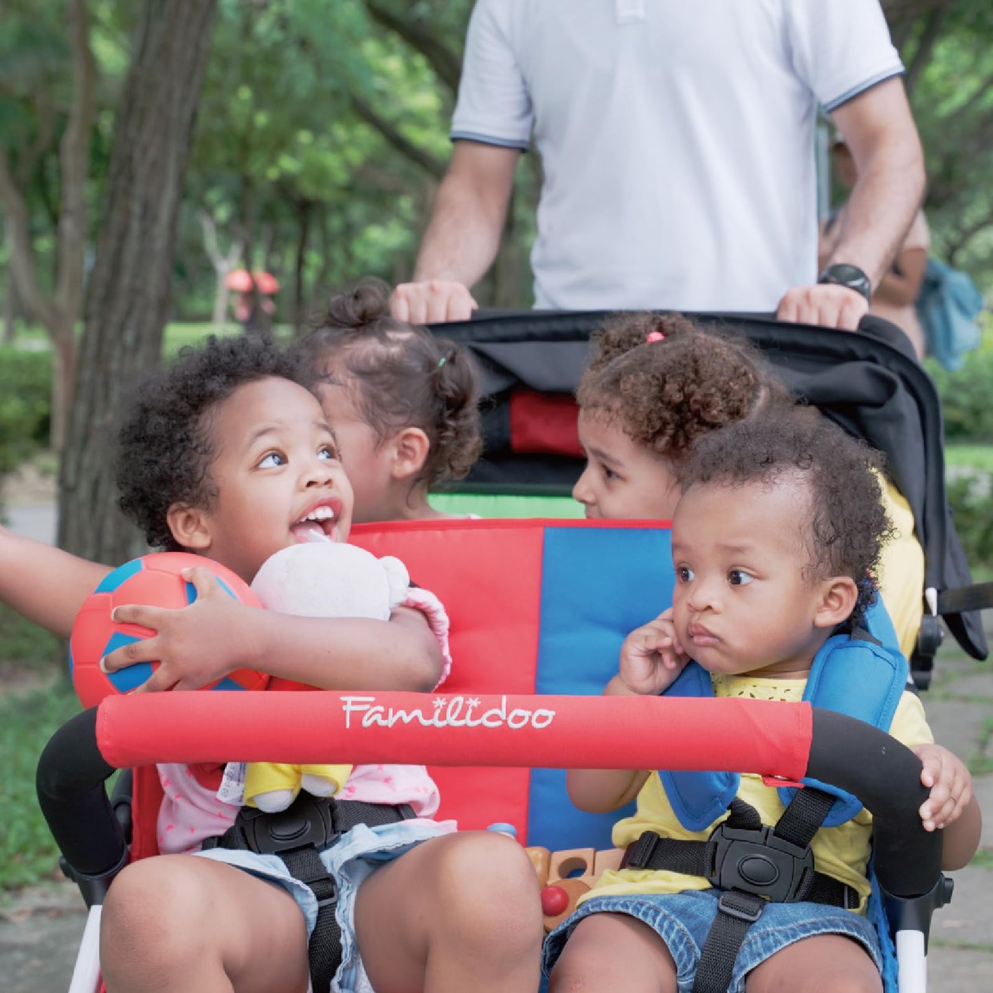 Familidoo H4E Quad Stroller Wagon for Kids, 4-Seater Daycare Baby Stroller with 5-Point Safety Harness, Lightweight & Foldable with All Reclining Seats, Double Canopy & Rain Cover – All-Terrain Wheels
