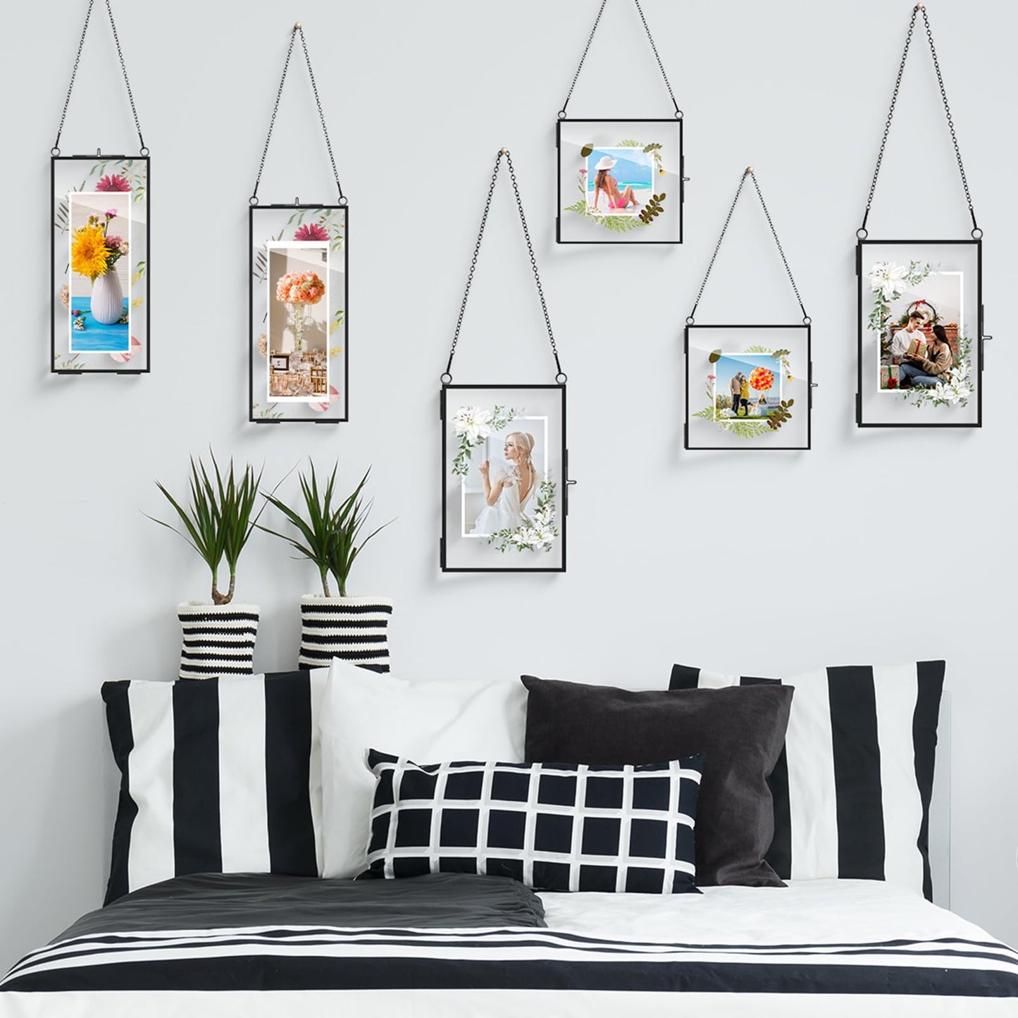 Barydat 9 Pcs Black Pressed Flower Frames 4''x 9", 6''x 8", 6" Square Brass Hanging Picture Frame Floating Art Photo Display with Brass Chain for Dried Plant Specimen Gallery Wall Decor