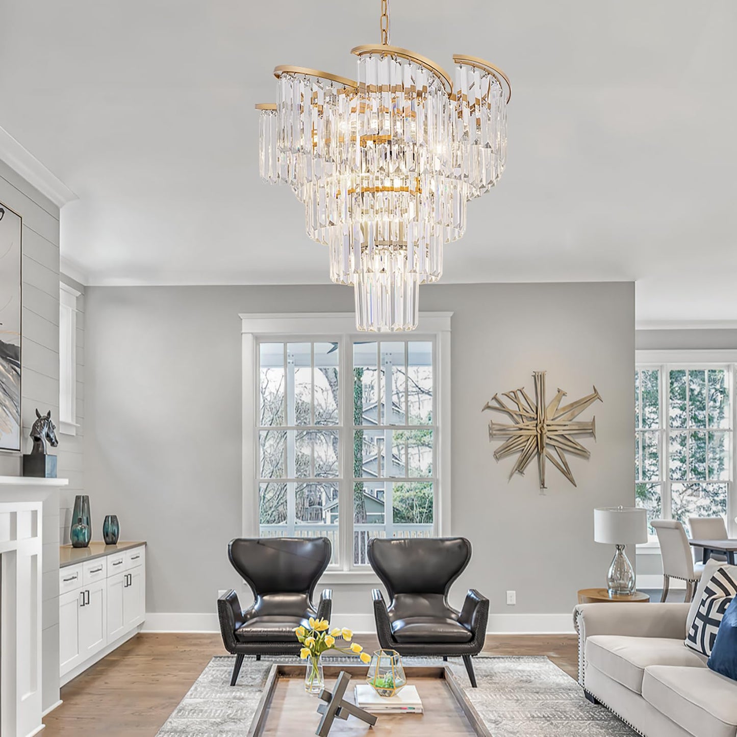TOCHIC Gold Chandelier 5 Tier Modern Crystal Chandeliers 8 Light, Farmhouse Luxury High Ceiling Light Fixture for Dining Living Room, Bedroom, Bathroom, Kitchen Island, Entryway, 21.6" W