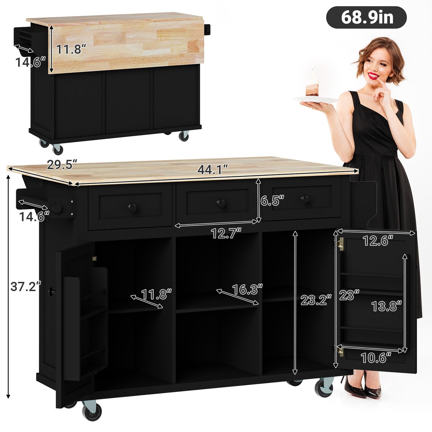 Rovibek Kitchen Island with Drawers 53 in Rolling Island Cart Mobile Portable Islands on Wheels Solid Wood Island with Storage Cabinet & Drawers, Jet Black