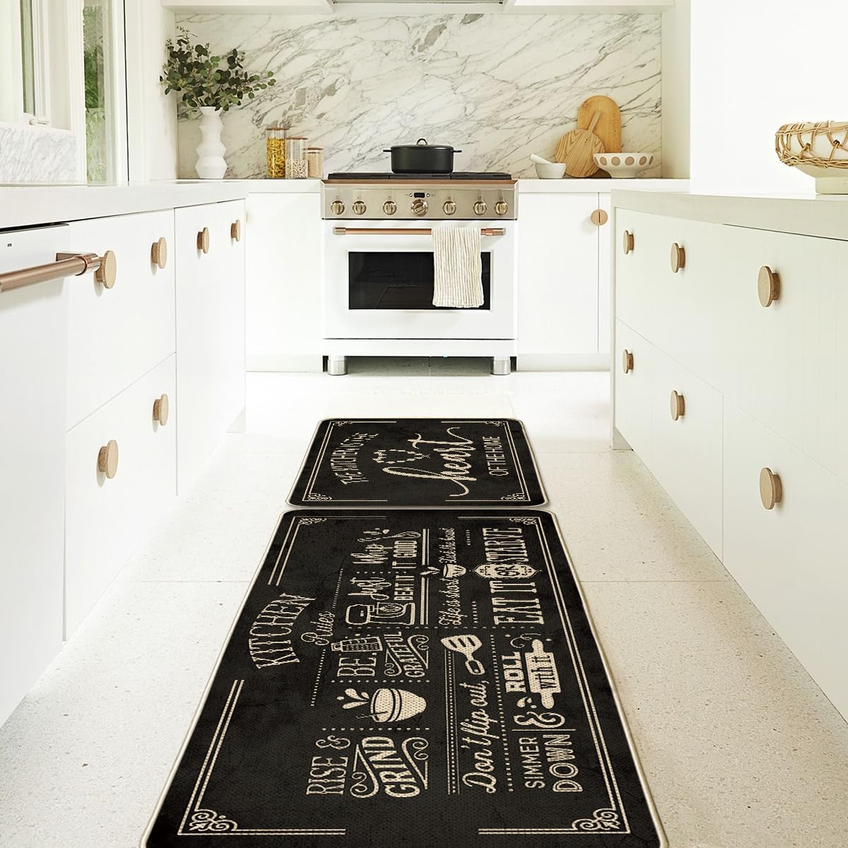 Artoid Mode Black Cooking Sets Kitchen Mats Set of 2, Seasonal The Kitchen is The Heart of The Home Holiday Party Low-Profile Floor Mat for Home Kitchen - 17x29 and 17x47 Inch