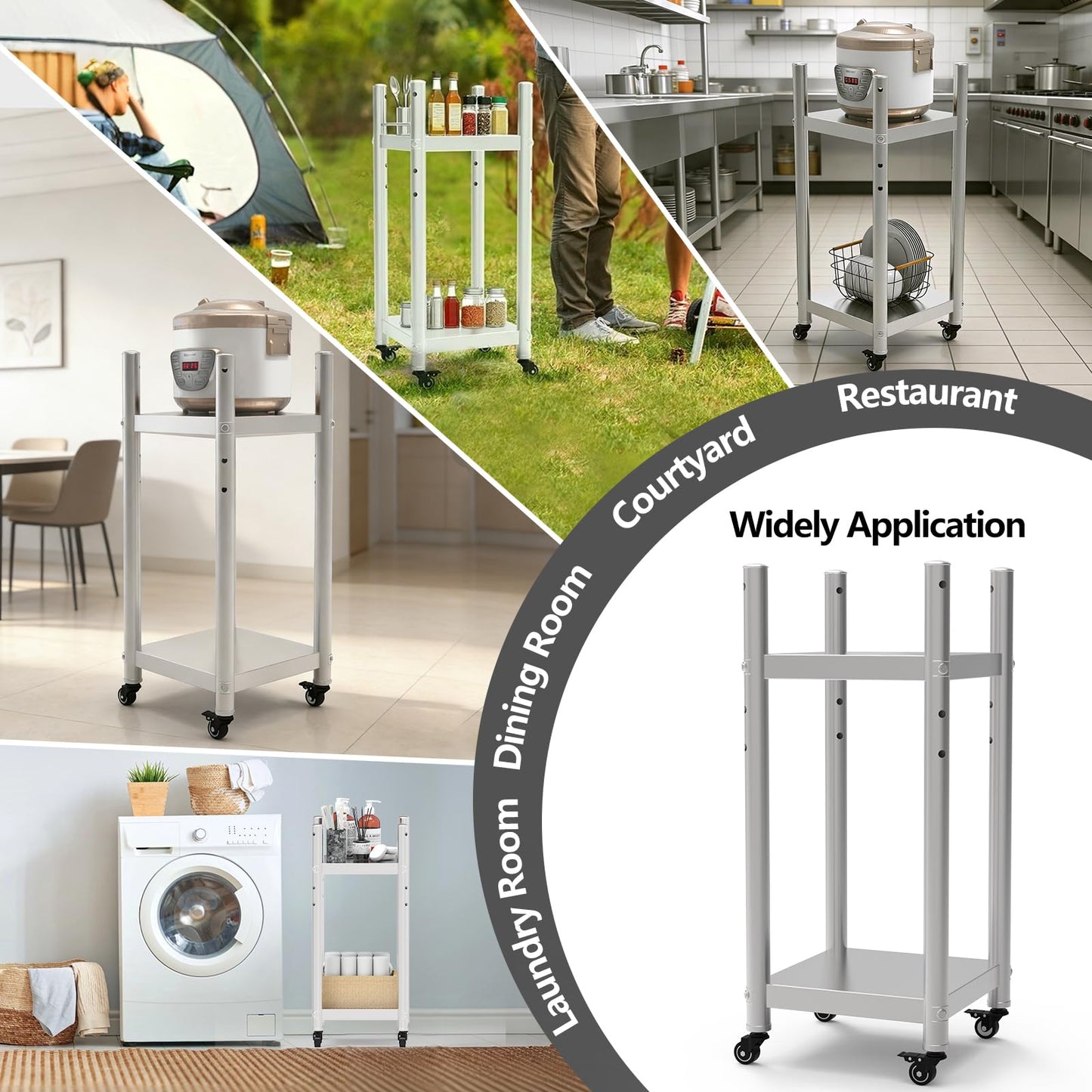 Stainless Steel Rice Warmer Stand–20"x20" SS Two-Tier Cart with Adjustable Upper Shelf & 4 Swivel Casters (2 Locking) Store&Move Cooking Equipment Multi-Purpose Mobile Station for Indoor/Outdoor