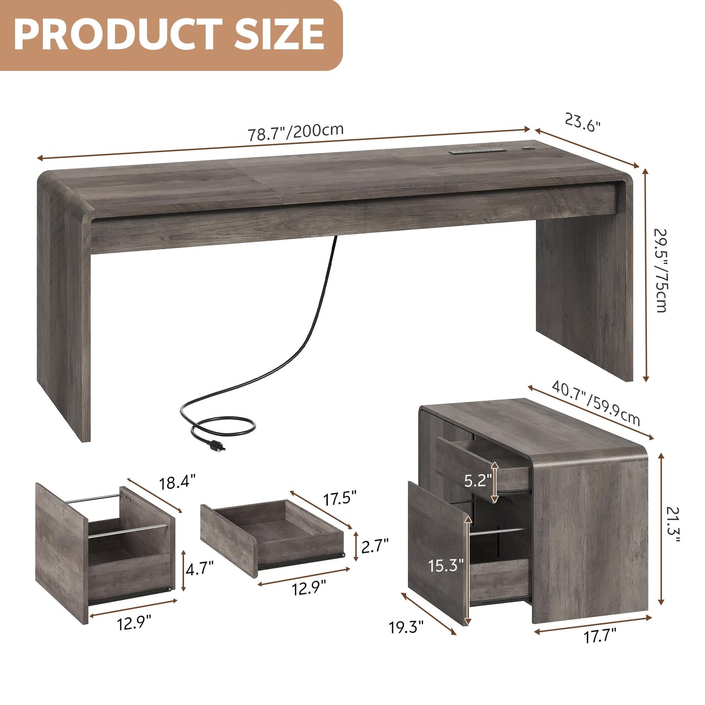 Homiflex Mid-Century Modern 78" L-Shaped Executive Desk with Independent Mobile File Cabinet, Large Home Office Desk with Drawers and 4 AC + 2 USB Power Outlets, Waterfall Edge Design, Oak Grey
