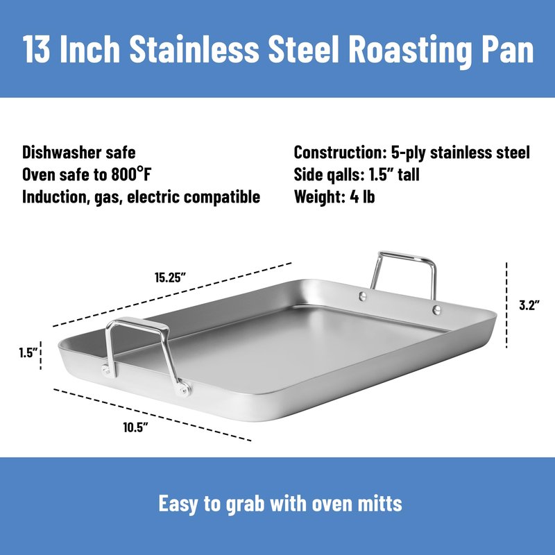 Misen Stainless Steel Roasting Pan with Handles - Versatile 5-Ply Design, Easy Grip Handles, Multi-Functional Cooking, Ideal for Baking, Searing, & Roasting, Superior Heat Conduction, Premium - 9"
