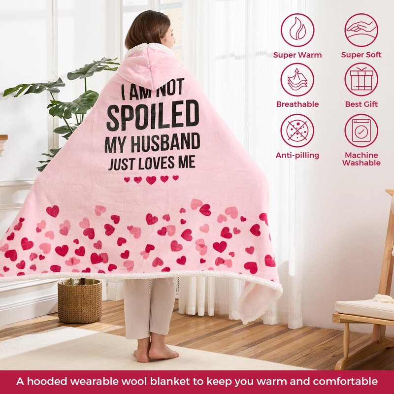 Spoiled Wife Wearable Blanket Hoodie, Valentines Day Gifts for Her Wife Women From Husband, Mothers Day Birthday Anniversary Day Gift Ideas, Throw Blanket for Women Shawl Wraps Poncho Robe, Pink