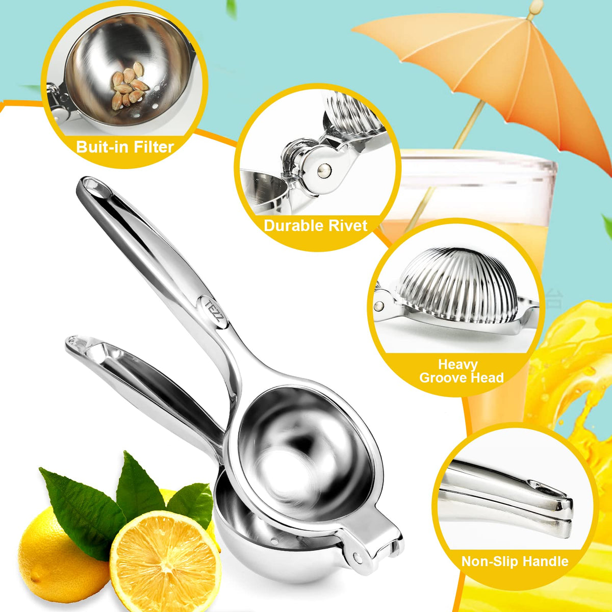 TEZZ Premium Lemon Squeezer, Large Heavy Duty Handhelp Juicer for Lemon, Metal Hand Press Citrus Juicer, Lime Squeezer Bar Tool, Manual Citrus Press