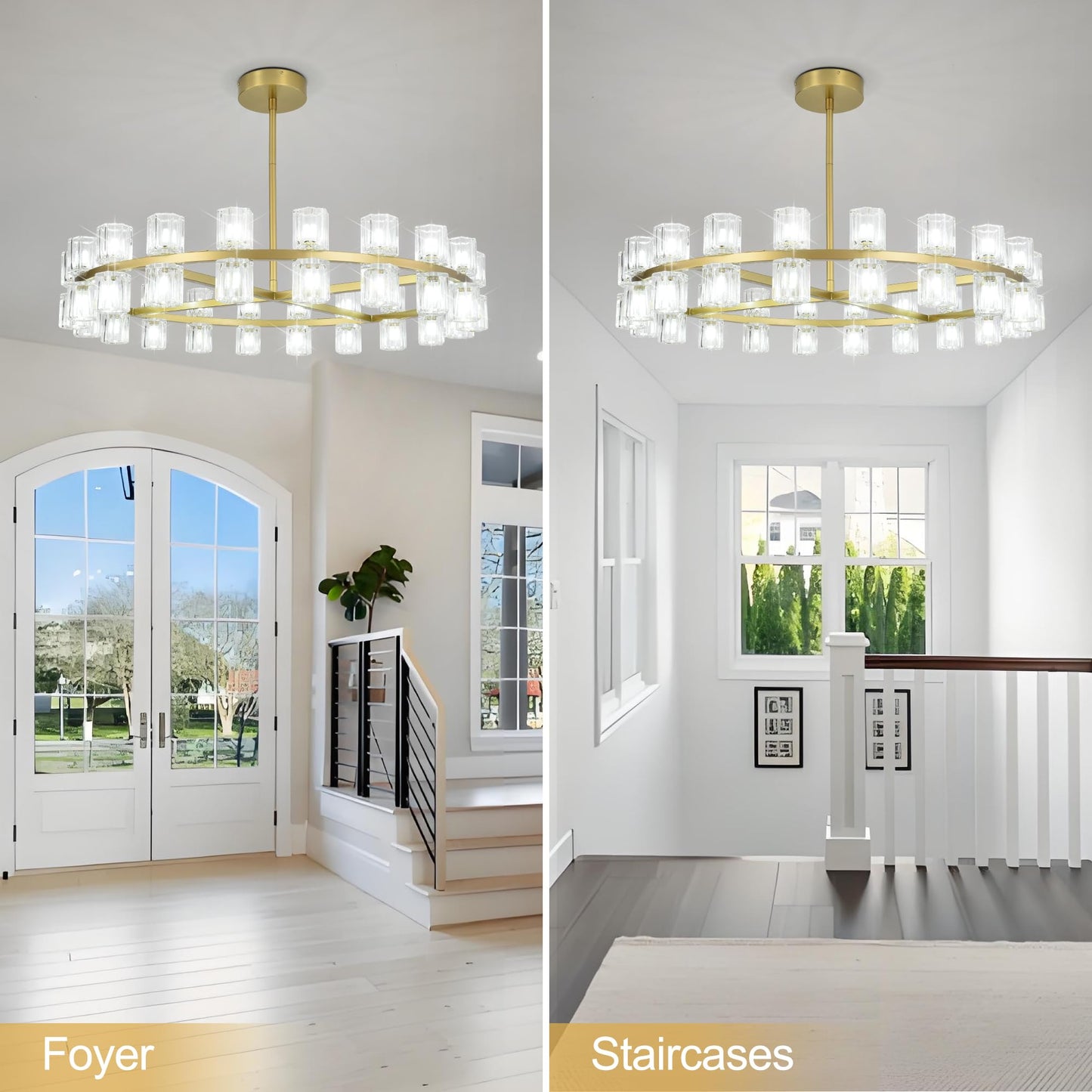 Leadtek 31.5 Inch Gold Wagon Wheel Chandelier, Modern Farmhouse Chandelier with K9 Crystal Chandelier Shade, for Dining Room Light Fixture, Kitchen Island, Entryway, Foyer