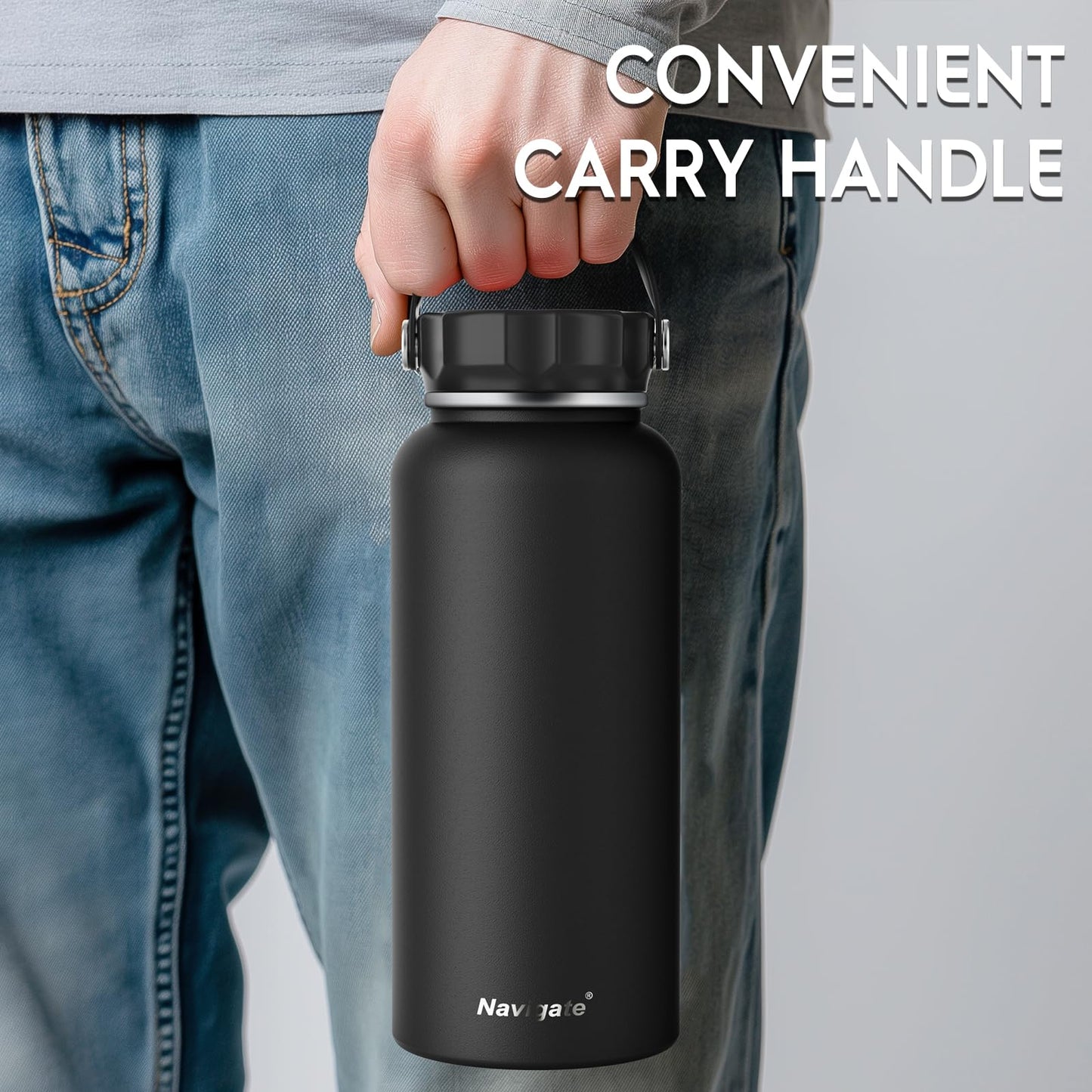 Navigate 32 oz Insulated Stainless Steel Sports Water Bottle with Spout & Handle Lids,Wide Mouth Water Jug with Double Walled Leak Proof Keep Cold for 24 Hrs Hot for 12 Hrs,Black
