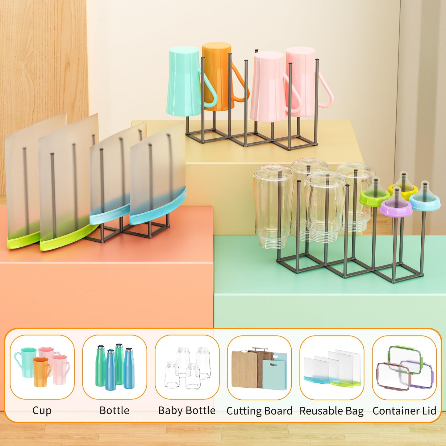 PLUVON Foldable Baby Bottle Drying Rack-10 Poles Water Bottle Organizer for Cups,Travel Mugs,Silicone Bags- Collapsible Stainless Steel Bottle Rack Dryer (Gray)