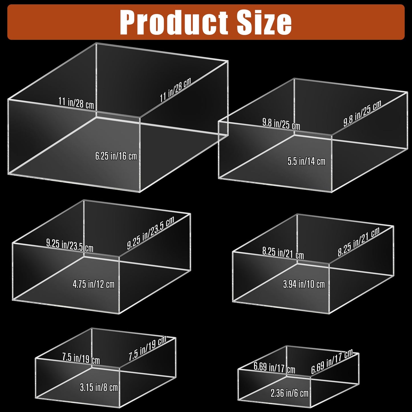 Builimeer 6Pcs Clear Acrylic Risers Display Stands(6"-11"), Acrylic Display Box for Catering Supplies Buffet, Dessert, Cosmetics, Jewelry Showcase & Collectibles and Party, Exhibitions, Office, Home