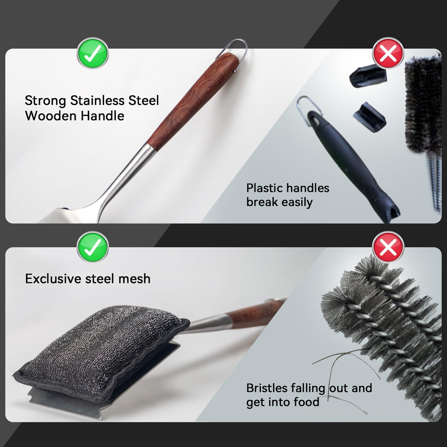 Bristle-Free Steam Cleaning Grill Brush Kit – Luxurious Long Rosewood Handle, Includes 1 Replacement Head – Safe BBQ Grill Cleaning for Outdoor Grill – Great Gift for Men/Dad