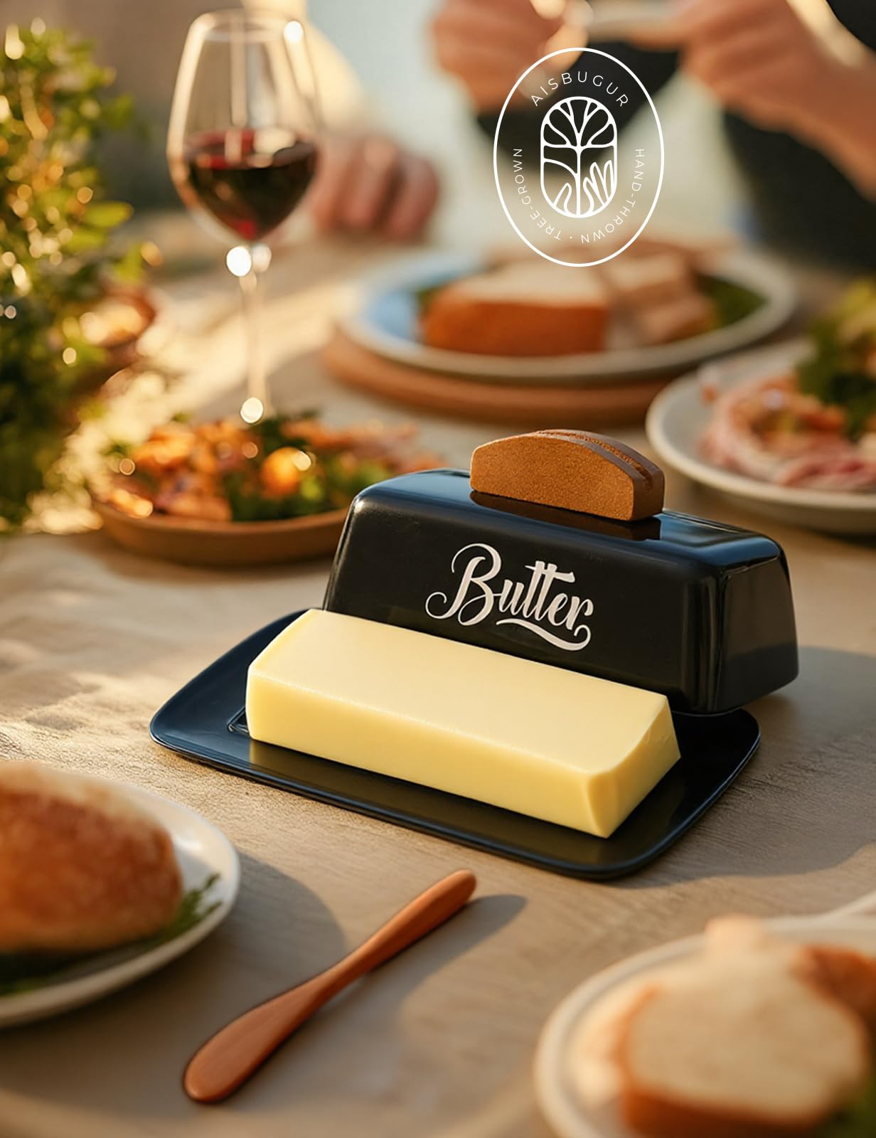 Black Butter Dish with Lid and Knife,Black Butter Tray,Ceramic Butter Holder for Counter Humanized Clamp-able Knife Handle Design Perfect for East West Coast Butter