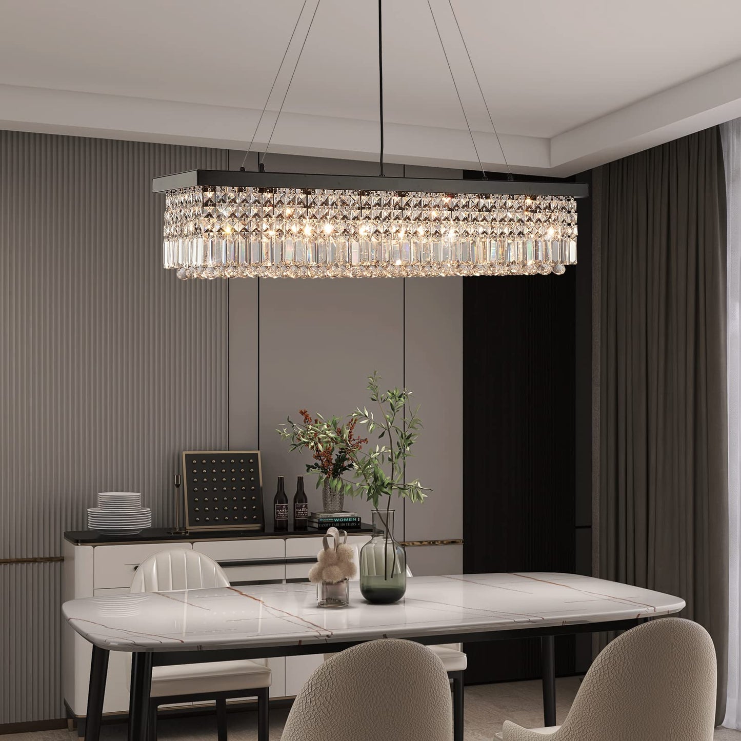 7PM Rectangle K9 Crystal Chandelier Modern Rectangular Pendant Lighting Fixture for Dining Room Kitchen Island Bedroom Black L47'' x W10'' x H10''
