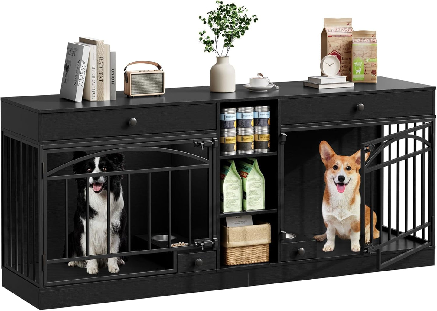 GAOMON Dog Crate Furniture for 2 Dogs, 78.7'' Large Dog Kennel Indoor with 2 Storage Drawers, 3 Shelves and Feeding Bowls, Double Dog Crate TV Stand for Small and Medium Dogs, Black