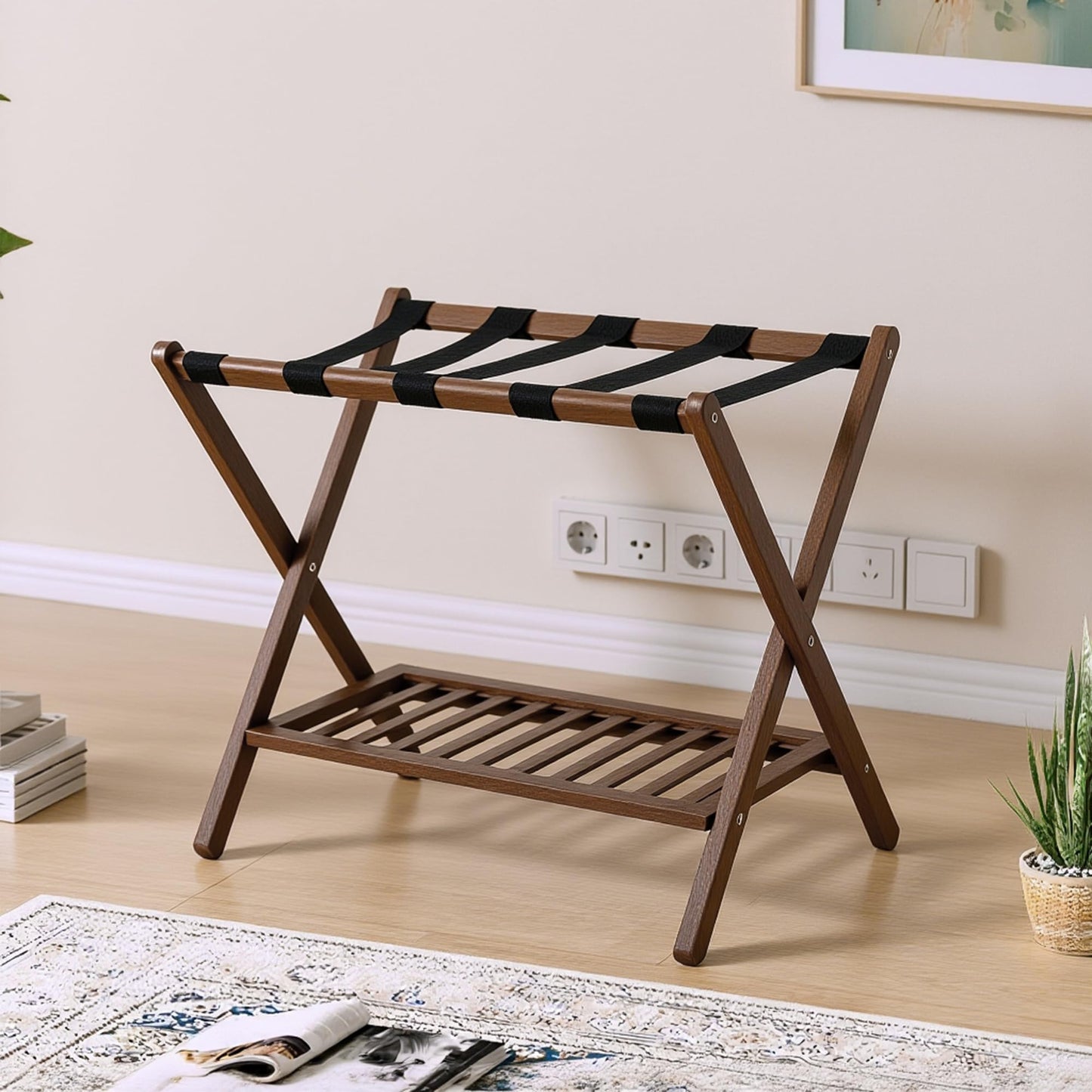 GAOHAPY Bamboo Luggage Rack with Shoe Shelf Folding Suitcase Stand with 5 Heavy-Duty Straps for Guest Room Living Room Hotel Ideal Luggage Holder for Suitcases Bags Shoes,Walnut Brown