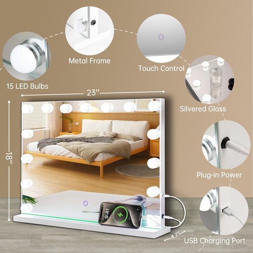 Amifiy Hollywood Vanity Mirror with Lights, 23"x18" Lighted Makeup Mirror with 10x Magnification for Desk/Wall Mount, 15 Led Bulbs, 3 Lighting Modes for College Dorm, Bedroom, Dressing Room (White)