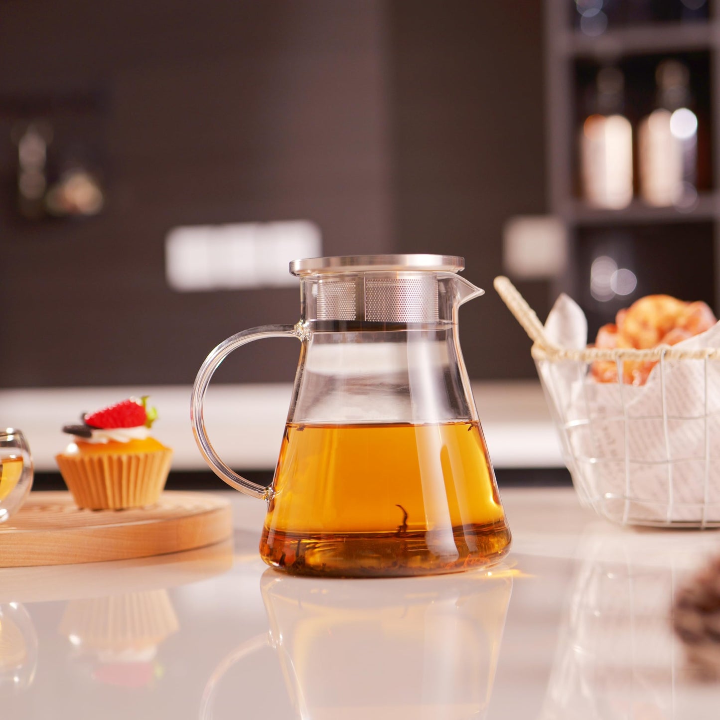 CNGLASS 30.5oz/900ml Glass Teapot Stovetop Safe,One-Touch Clear Tea Kettle,Blooming and Loose Leaf Tea Maker