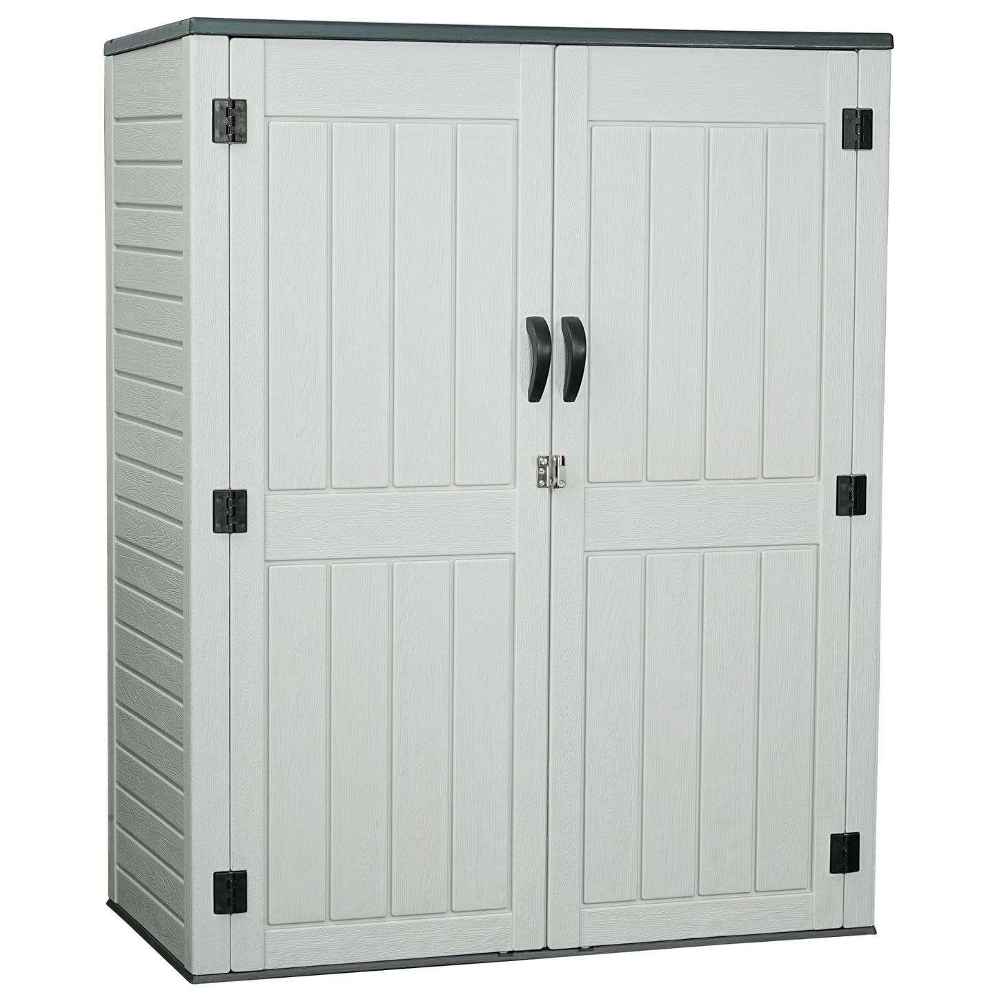 EHHLY Vertical Resin Storage Shed with 2 Shelves, 60 Cuft Garden Tool Sheds & Outdoor Storage, Plastic Outdoor Storage Cabinet Waterproof, 4.5 x 2.3 ft Outside Lawn Mower Storage Shed, Light Grey