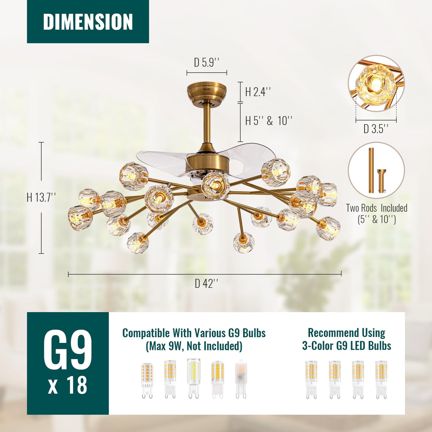 Siljoy 18 Lights Modern Crystal Ceiling Fan Light and Remote Control, Farmhouse Brass Gold Sputnik Crystal Fandelier, Reversible Ceiling Fan Light Kit for Living Dining Room Bedroom 42 Inches