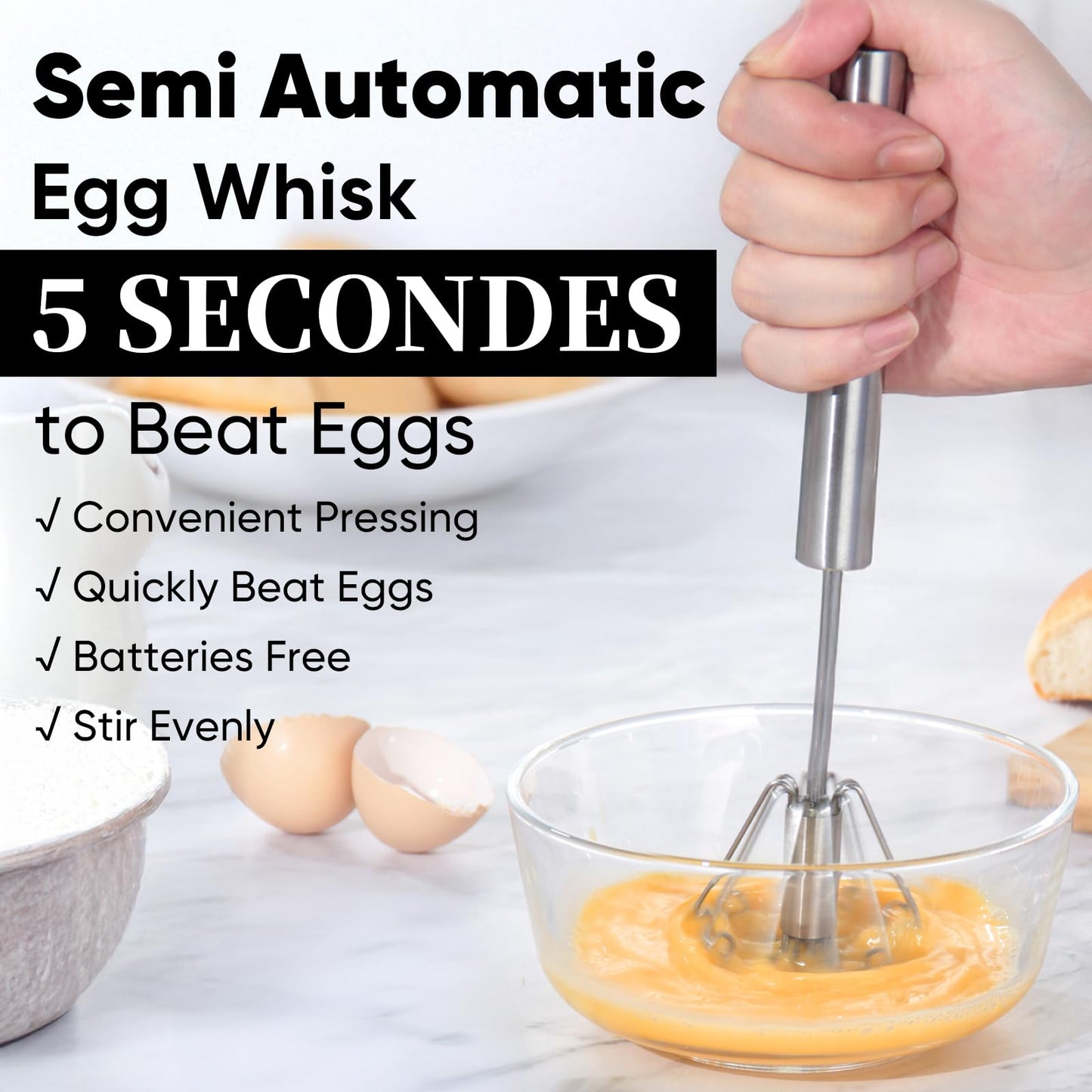 Newness Whizzy Whisk, Stainless Steel Semi Automatic Blender for Home -Versatile Tool for Egg Beater, Milk Frother, Hand Push Whisk - Kitchen Utensil for Blending, Whisking, Beating & Stirring