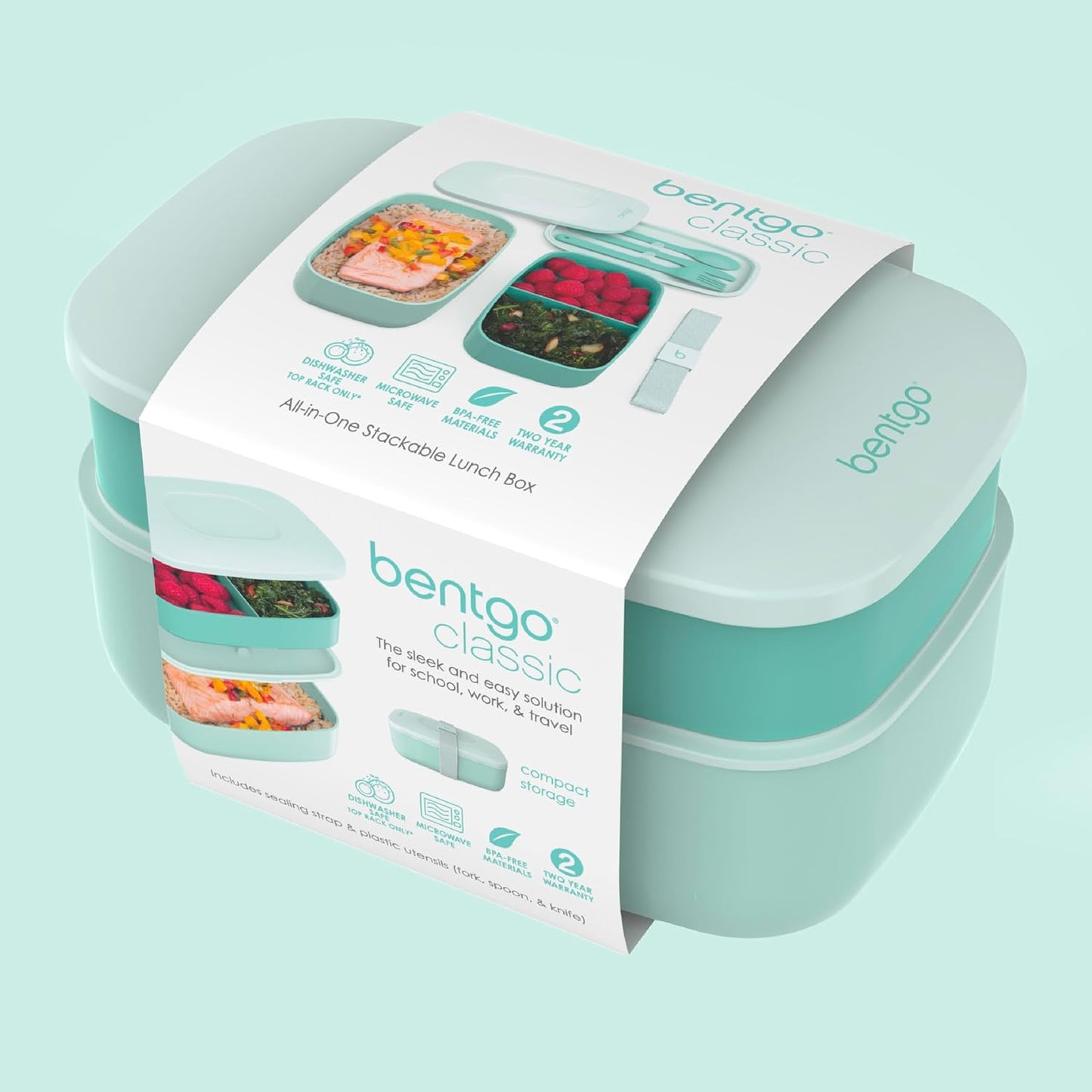 Bentgo Classic Adult Bento Box, Stackable 3-Compartment Lunch Box with Removable Utensil Set, BPA-Free (Coastal Aqua)