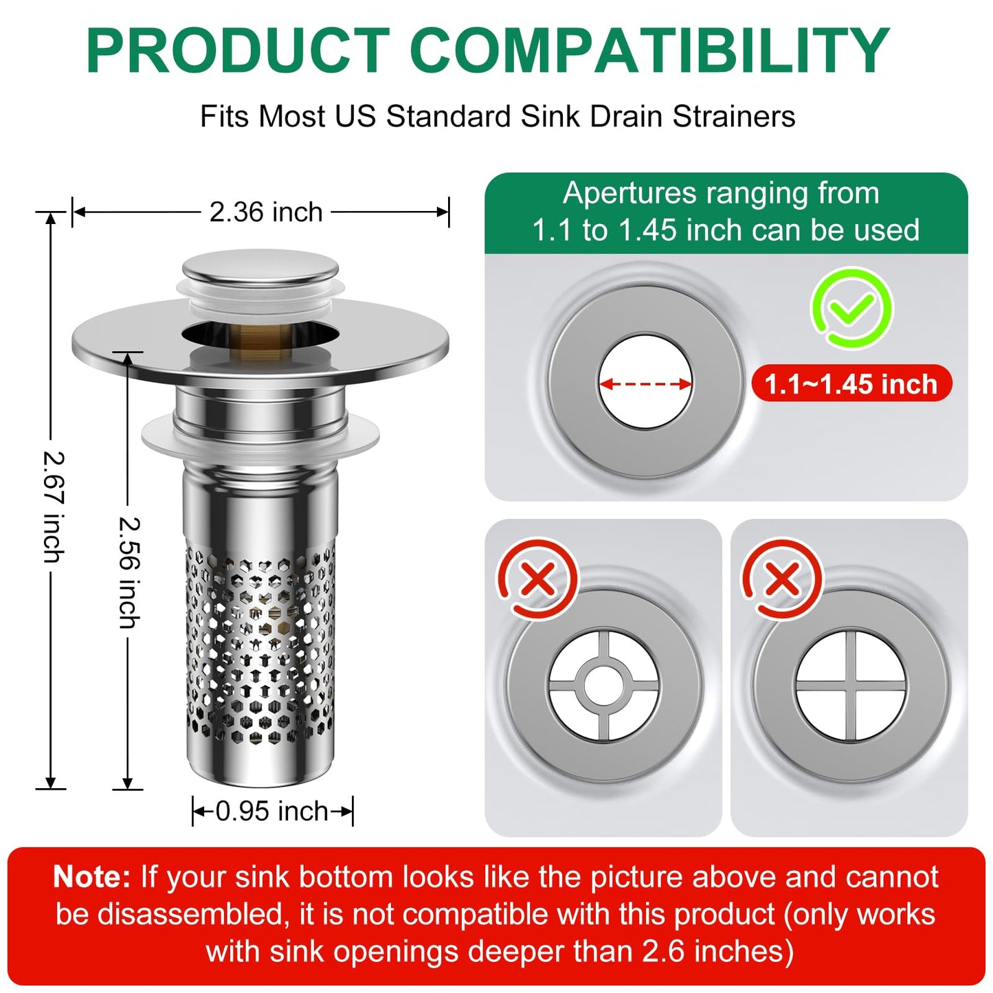 Bathroom Sink Drain Strainer,Universal Pop-Up Sink Stopper Hair Catcher, Anti-Clog Stainless Steel Drain Filter Basket, Removable Sink Drain for Bathroom Sink Stopper