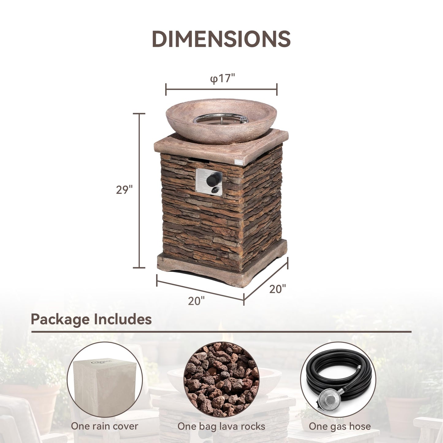 COSIEST Outdoor Propane Fire Pit Table w Faux Brown Compact Ledge Stone 20" Square Base and Faux Rose-Marble Round Bowl, Certified, 40,000 BTU, Free Lava Rocks, Fits 20lb Tank Inside, Raincover