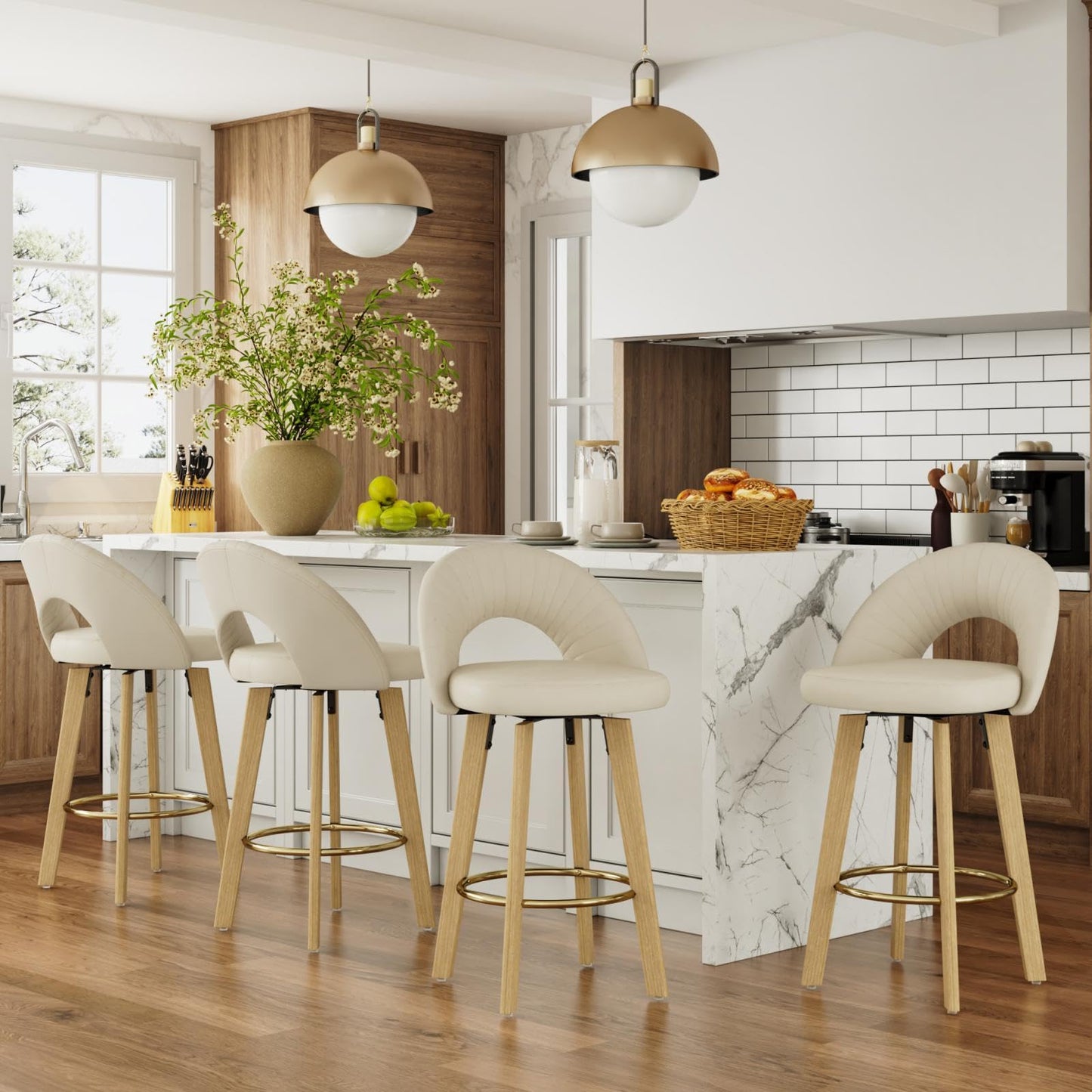 FERFALDER Bar Stools Set of 2, Swivel Counter Height Bar Stools with Bentwood Legs,Metal Footrest,Mid Century Modern Faux Leather Upholstered Counter Stools for Kitchen Island, Bar, Restaurant-Beige