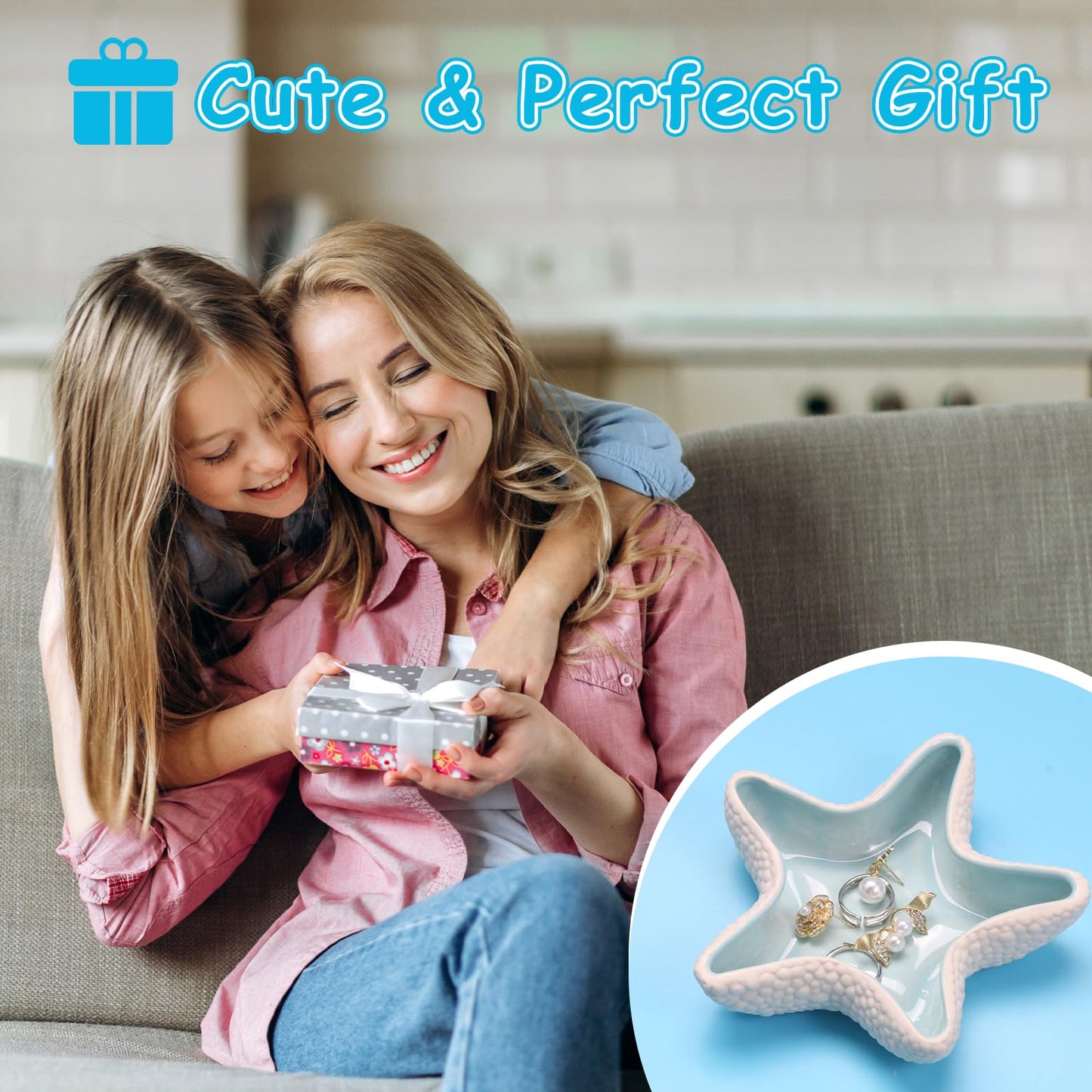Jewelry Dish Tray For Coastal Beach Room Decor,Cute Ceramic Ring Holder Gift For Women Sister Mom Friend ,Decorative Trinket Jewelry Organizer Tray For Rings Earrings Necklaces ets (Blue starfish)