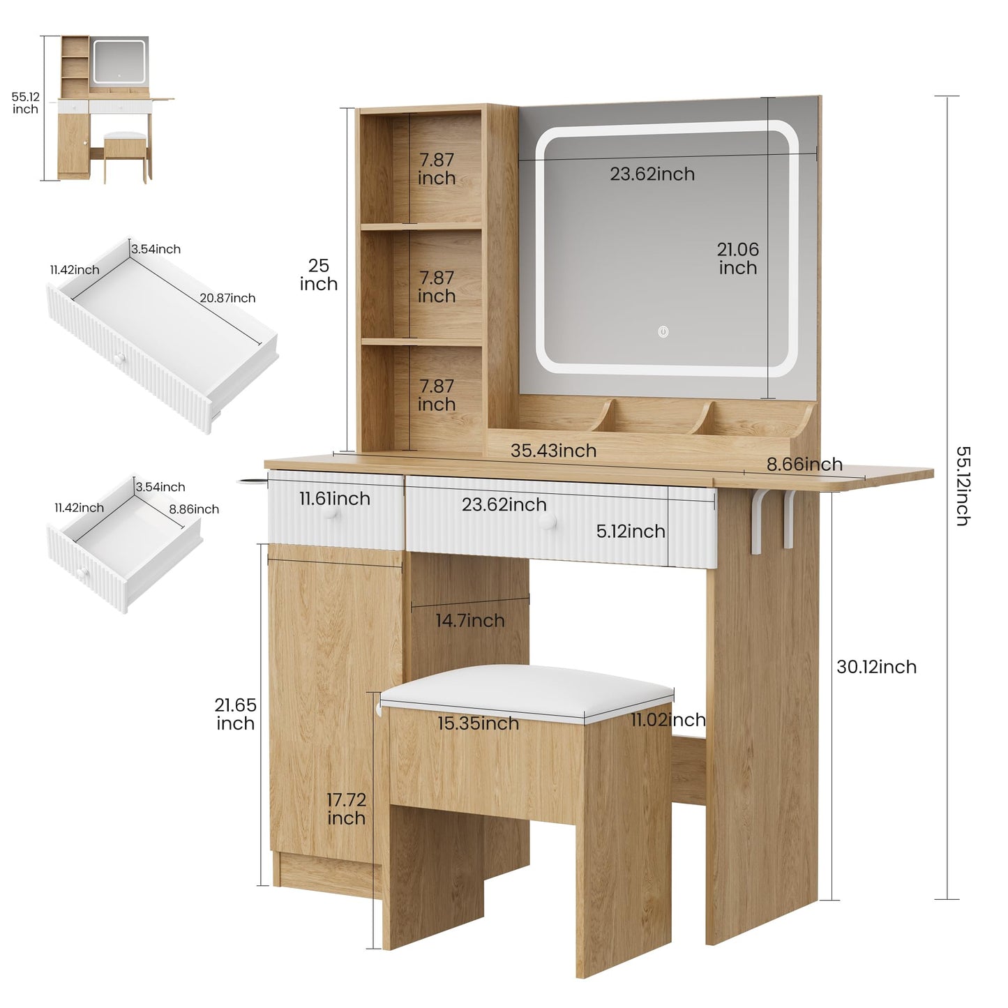 GarveeHome Foldable Makeup Vanity with Lighted Mirror, Vanity Desk with Power Strip, Adjustable Lighting, Drawers and Cushioned Stool, Foldable Panel for Compact Space Bedroom, Natural