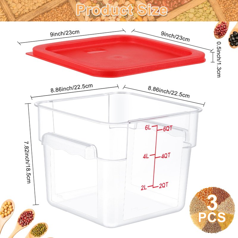 Ziliny 3 Sets 6 Qt Square Food Storage Containers with Lids Dough Proofing Bucket Commercial Polycarbonate Containers with Scale Clear Airtight Cereal for Pantry Home Restaurant (Red)