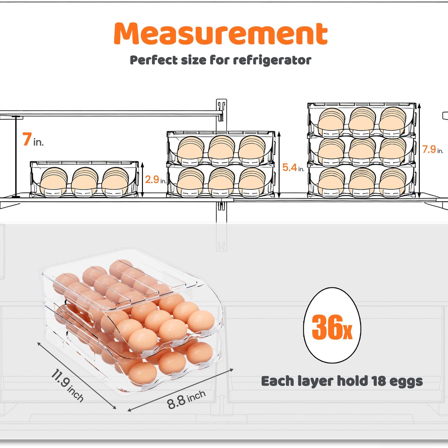 SMRCAD Egg Holder for Fridge, Automatic Steady Rolling Egg Dispenser with Silicone Bumpers & Handle for Refrigerator, Large Capacity Egg Organizer with Lid