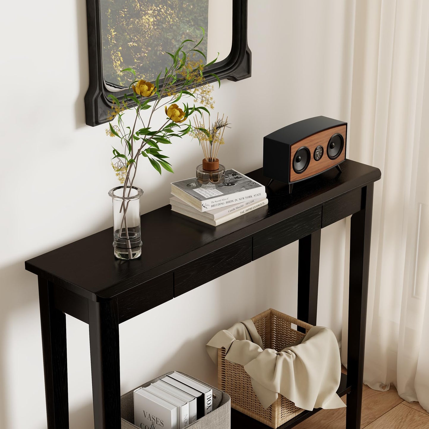 AQIMUELE Wood Console Table with Drawers, Mid Century Modern Console Table Black for Entryway, Living Room, Hall Way.