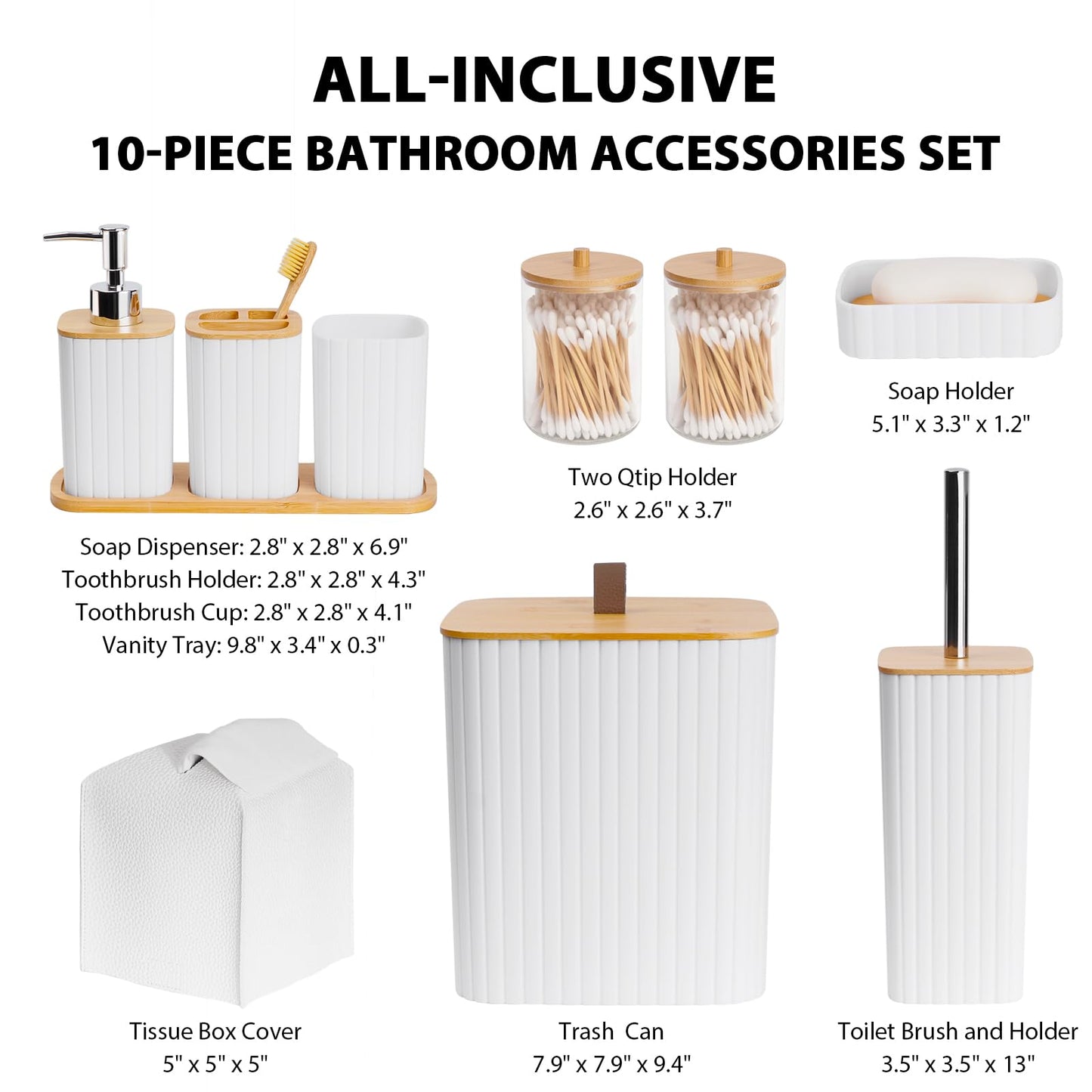 Bathroom Accessory Set - 10 Piece White Bathroom Sets Complete with Trash Can, Toothbrush Holder & Cup, Soap Dispenser, Soap Dish, Toilet Brush & Holder, Vanity Tray, Qtip Holder, Tissue Box Cover