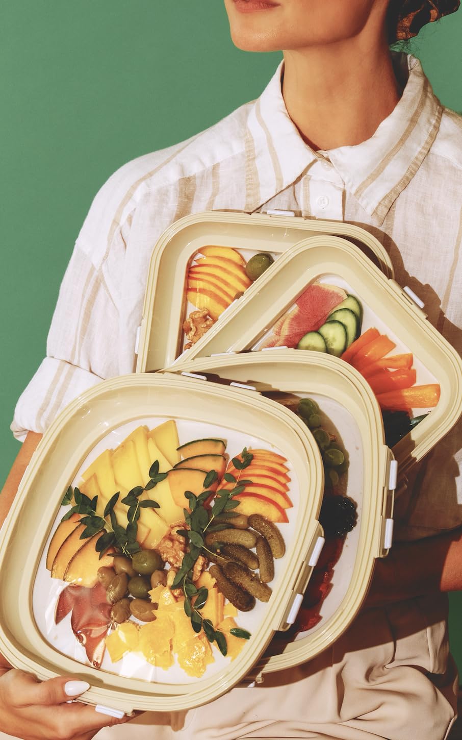 Crudités | Portable Snack Tray | Square 2-Pack | Cream White | Reversible Stretch Lid Food Containers | BPA-Free, Freezer & Dishwasher Safe | Meal-Prep, Charcuterie, Salads, Picnic, Travel