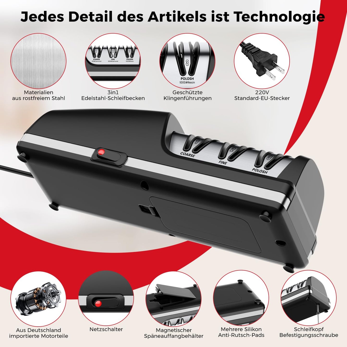 Professional Electric Knife Sharpener, 3-Stage Diamond Abrasive Sharpening System, Replaceable Sharpening Heads, 15° Precision Angle Guide for Kitchen Knives, Quick Blade Repair and Restoration