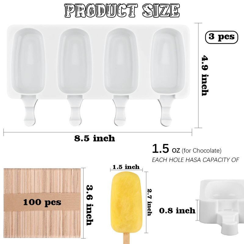 Sakolla Mini Popsicle Silicone Molds, 4 Cavities Homemade Ice Cream Molds with 100 Wooden Sticks for Ice Pop, Cakesicles, Cake Pop (Set of 3, White)