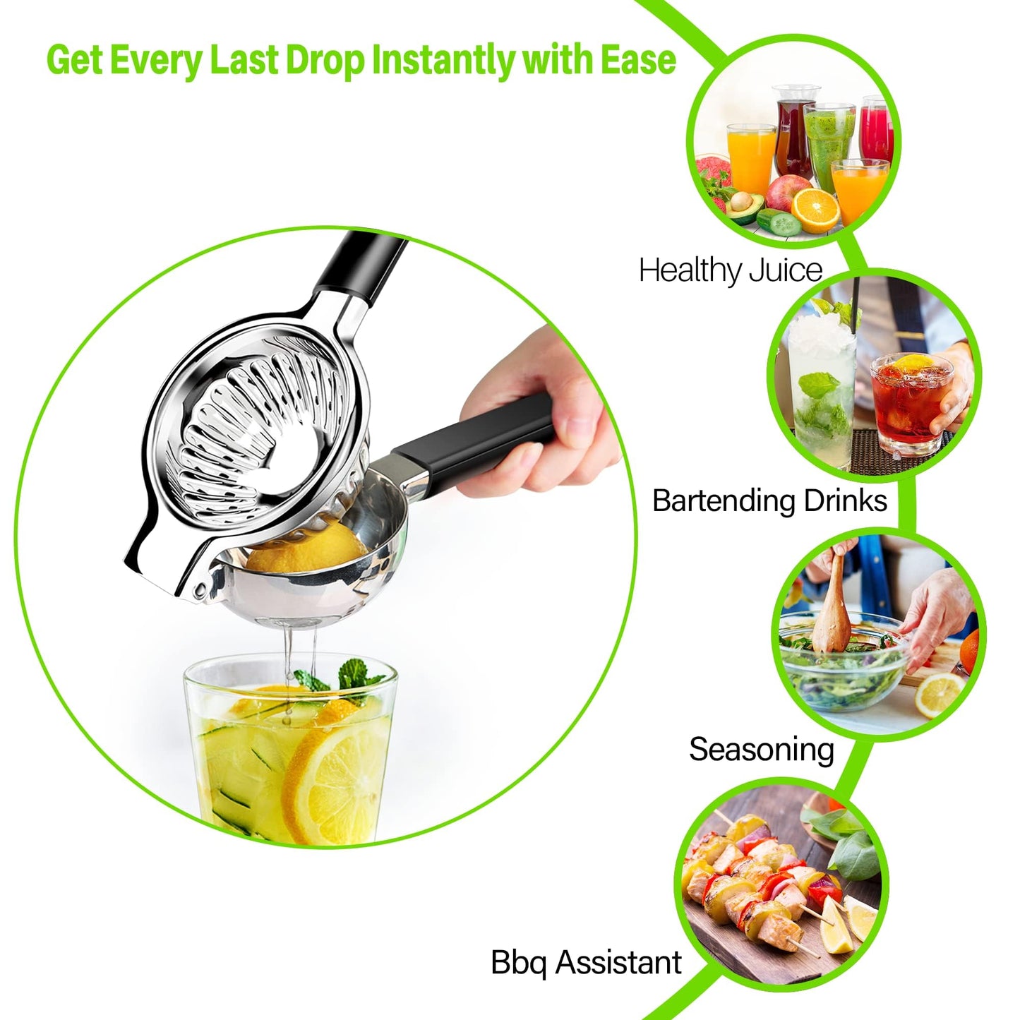 Lemon Squeezer Stainless Steel - Manual Citrus Juicer Large, Metal Lime Squeezer Hand Press, Orange Juice Extractor with Non-Slip Grip, Dishwasher Safe - TUISWO (Silver/Black)